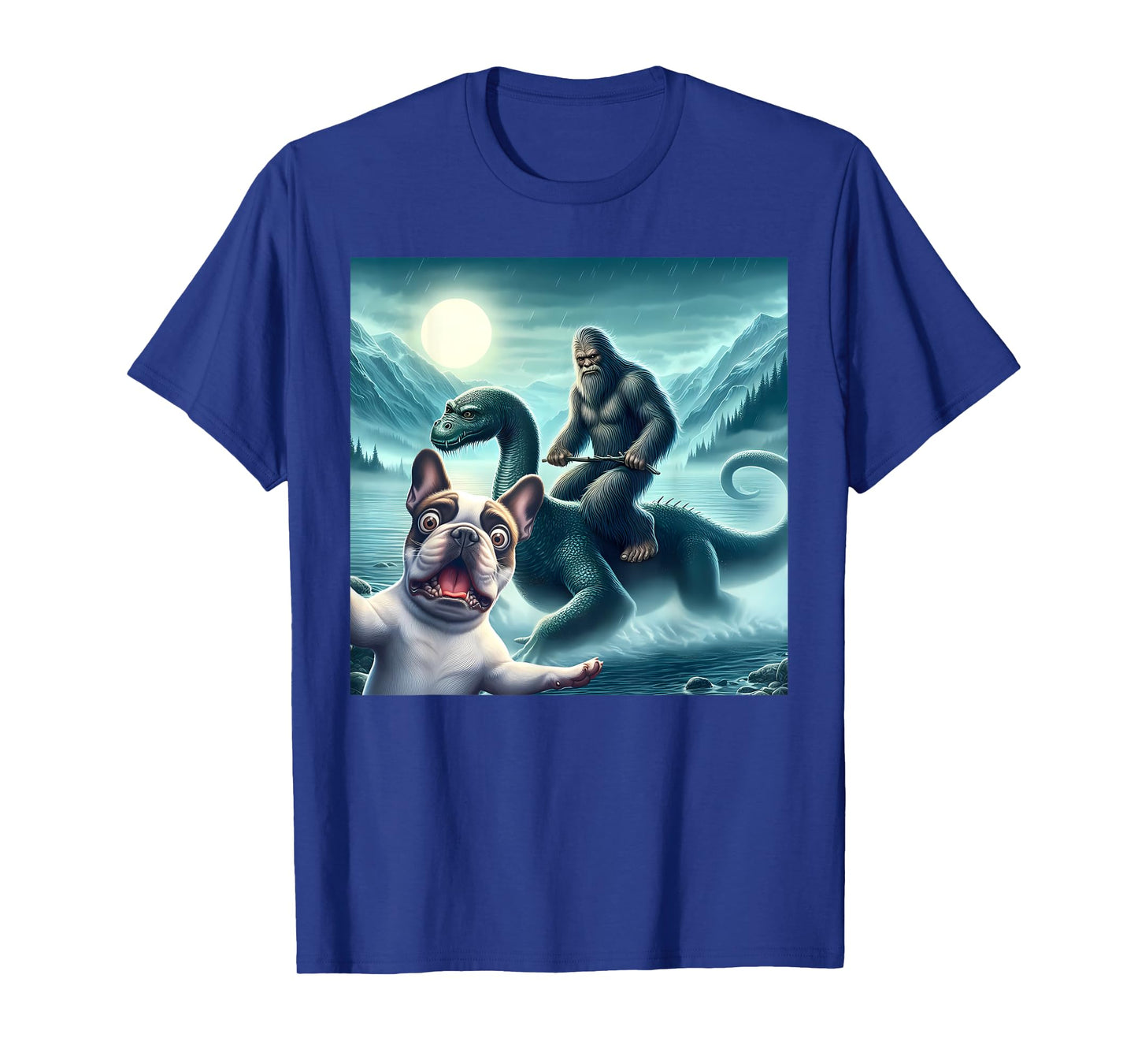 French bulldog Selfie with bigfoot riding loch Ness T-Shirt