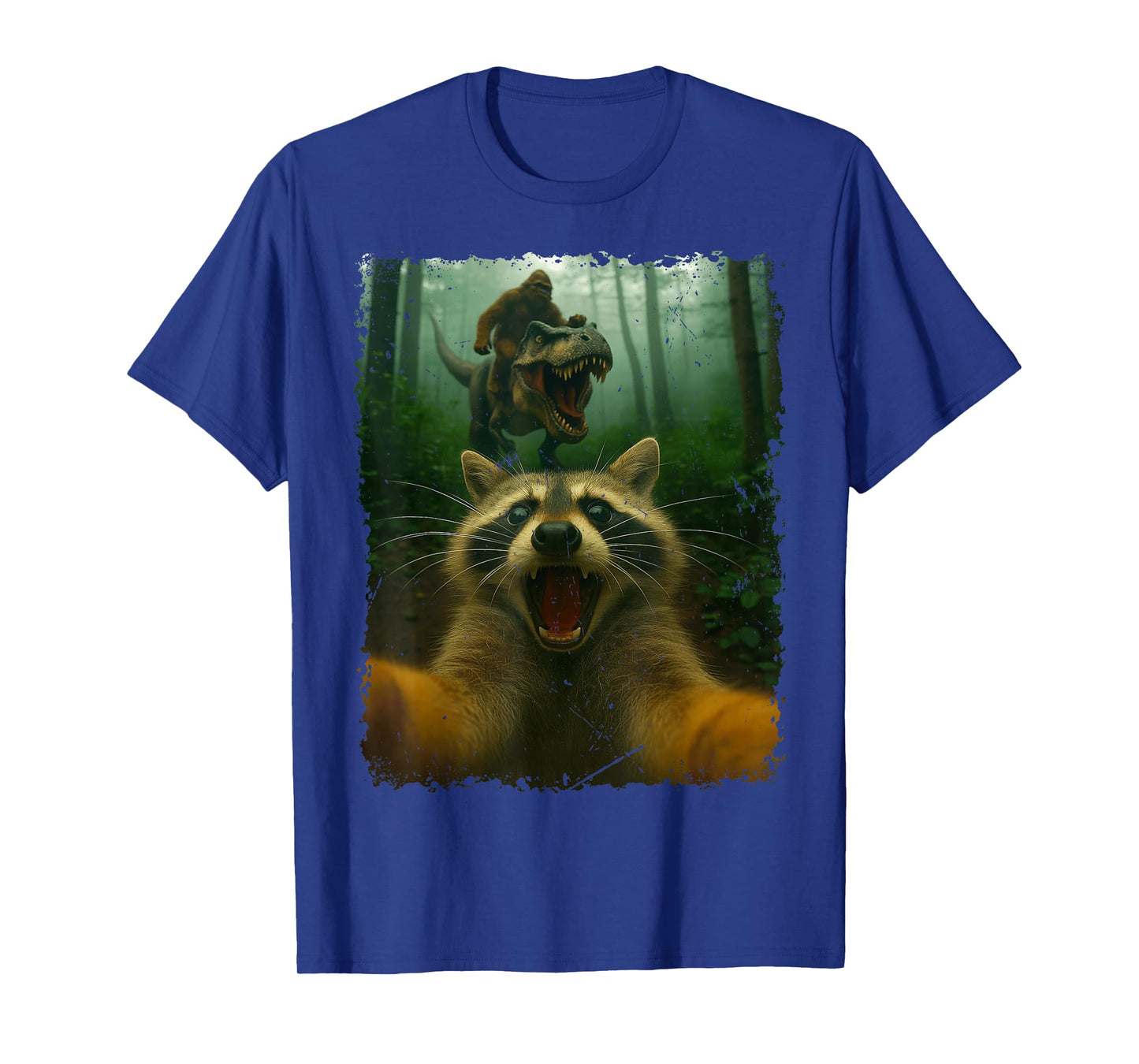 Funny Raccoon Selfie with T-Rex Dinosaur and Bigfoot T-Shirt