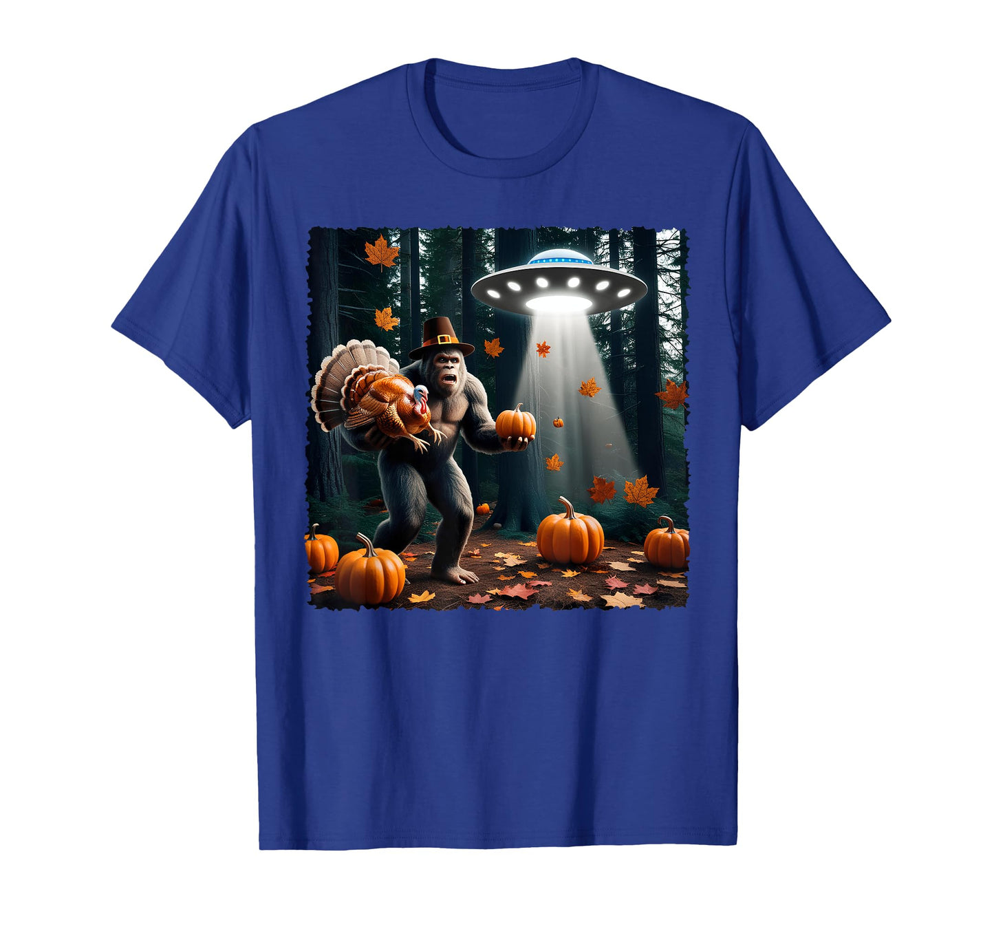 Bigfoot Sasquatch Turkey UFOs Funny Thanksgiving Day Pumpkin T-Shirt