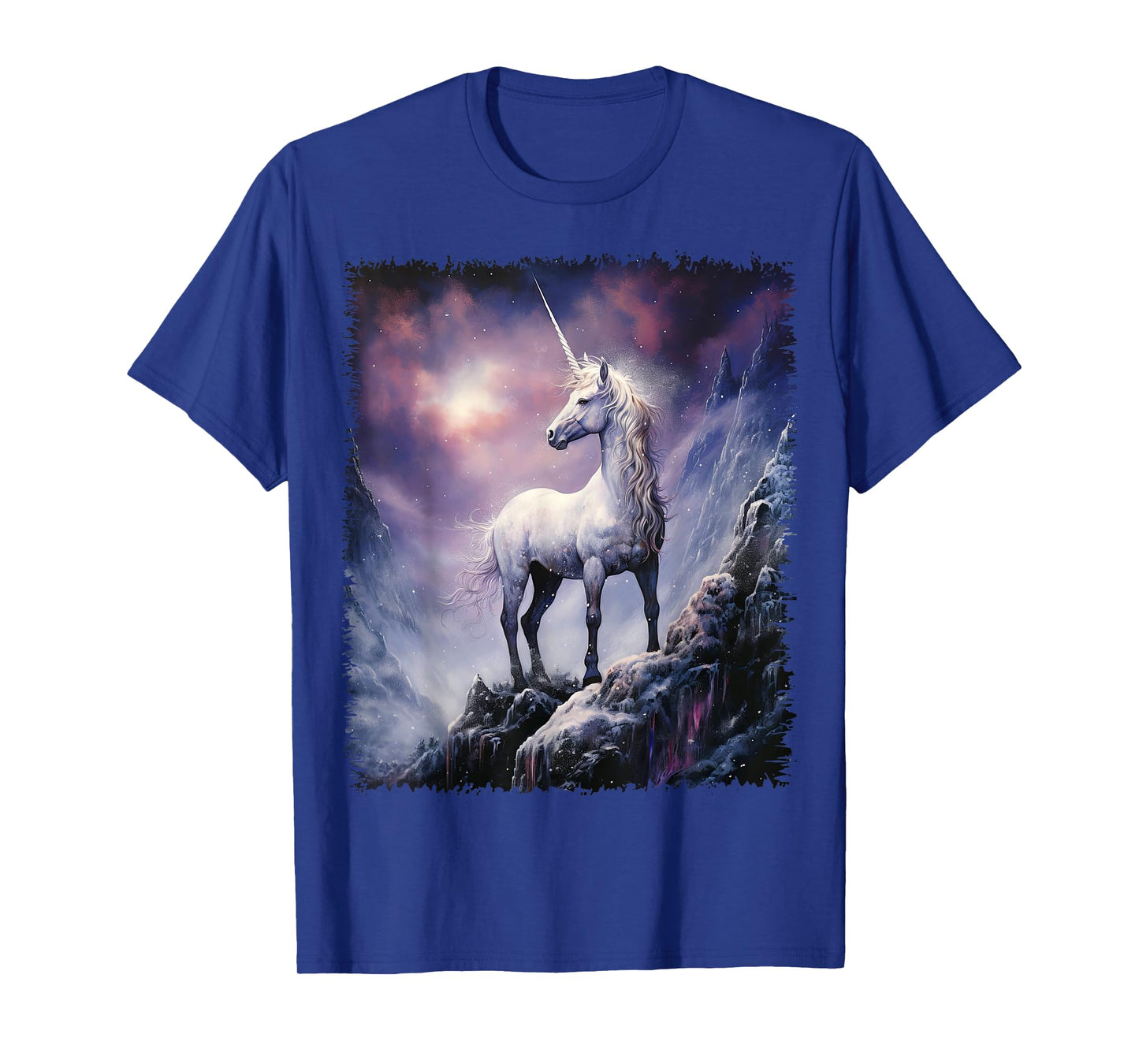 Fantasy white Unicorn standing on the snowy hill T-Shirt