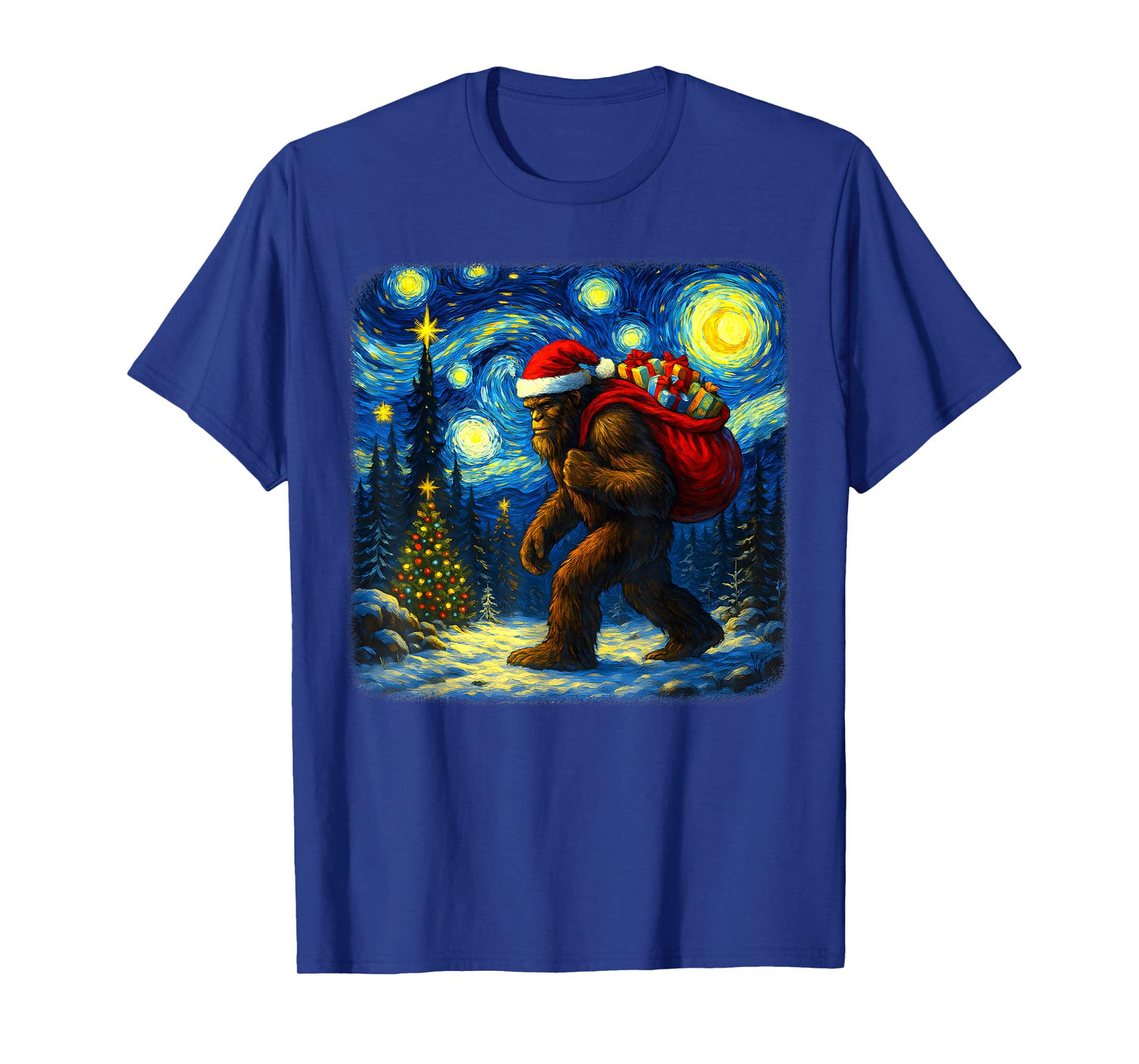 Bigfoot Santa Christmas Starry Night Sasquatch Van Gogh Art T-Shirt
