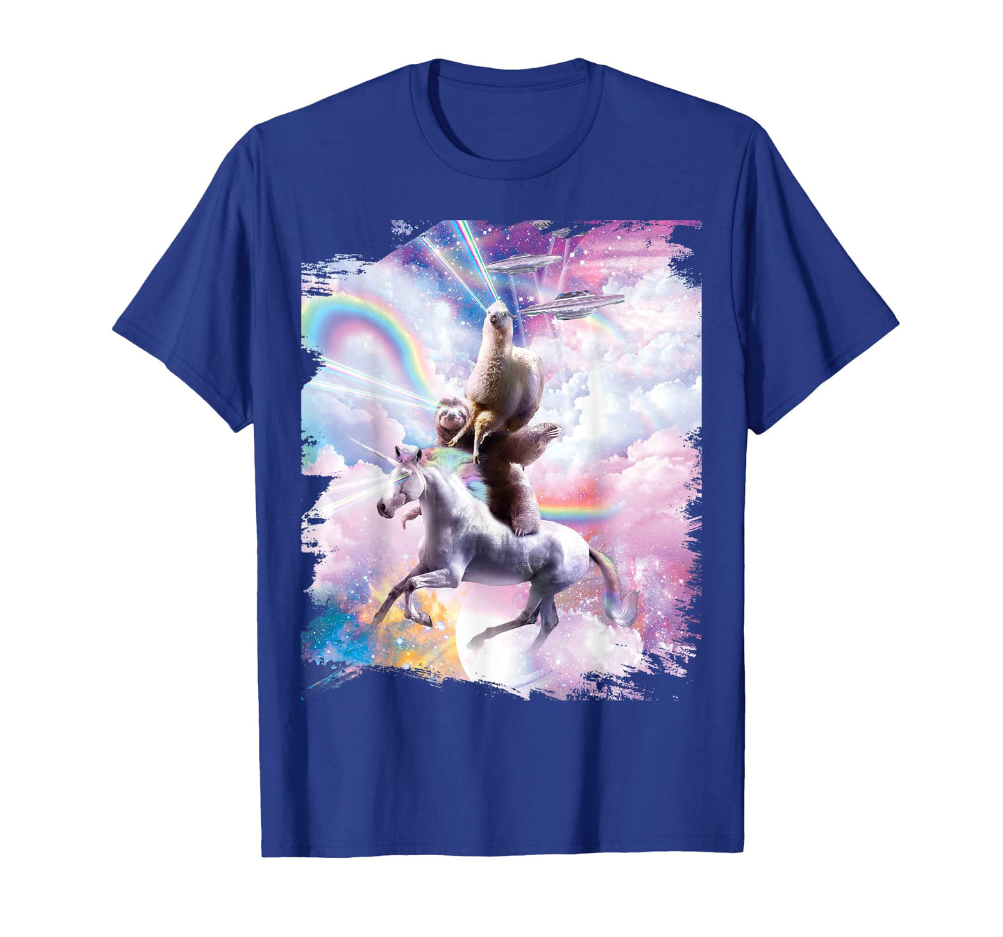 Laser Eyes Space Llama on Sloth Unicorn - Rainbow T-Shirt