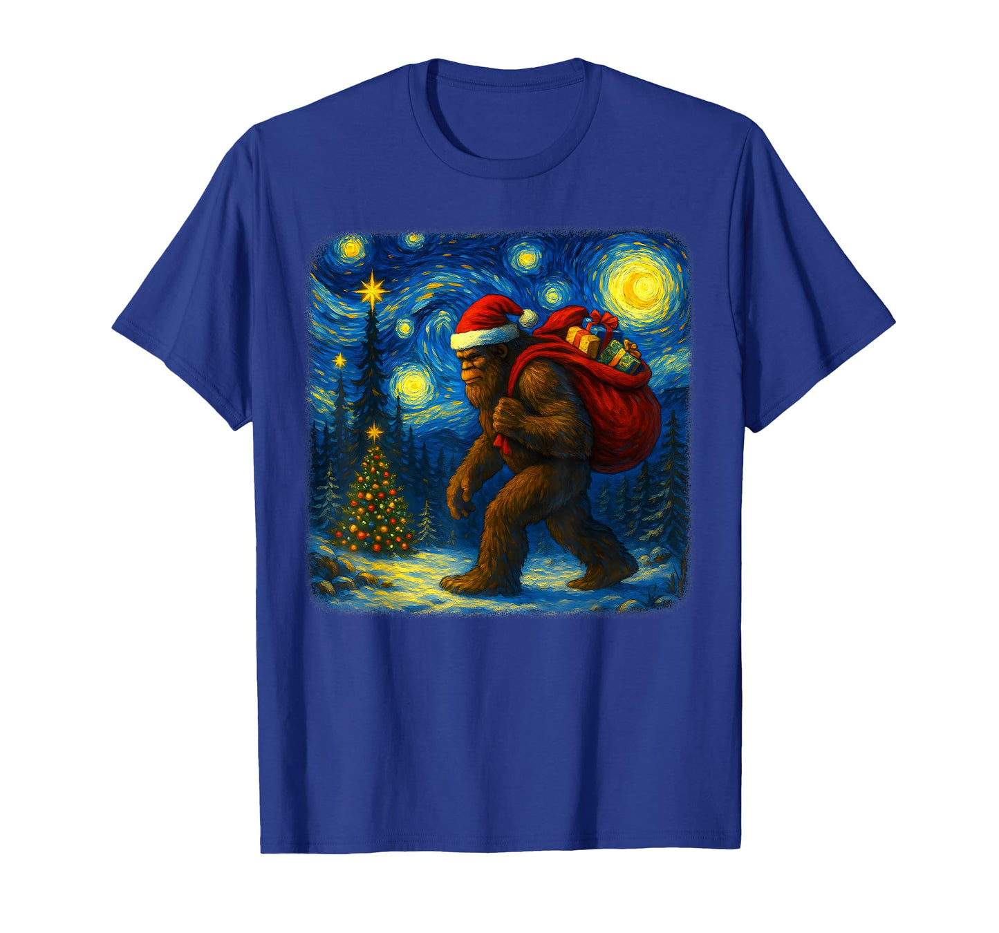 Bigfoot Santa Christmas Starry Night Sasquatch Van Gogh Art T-Shirt