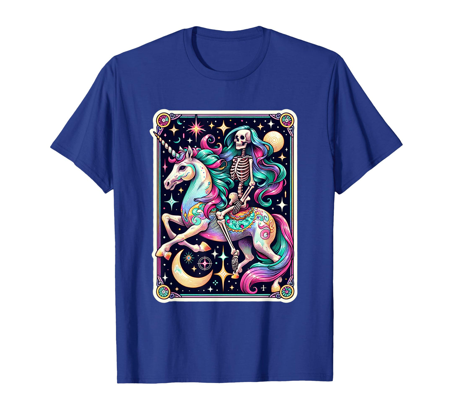 Skeleton Riding Unicorn Tarot Card Celestial Fantasy Art T-Shirt