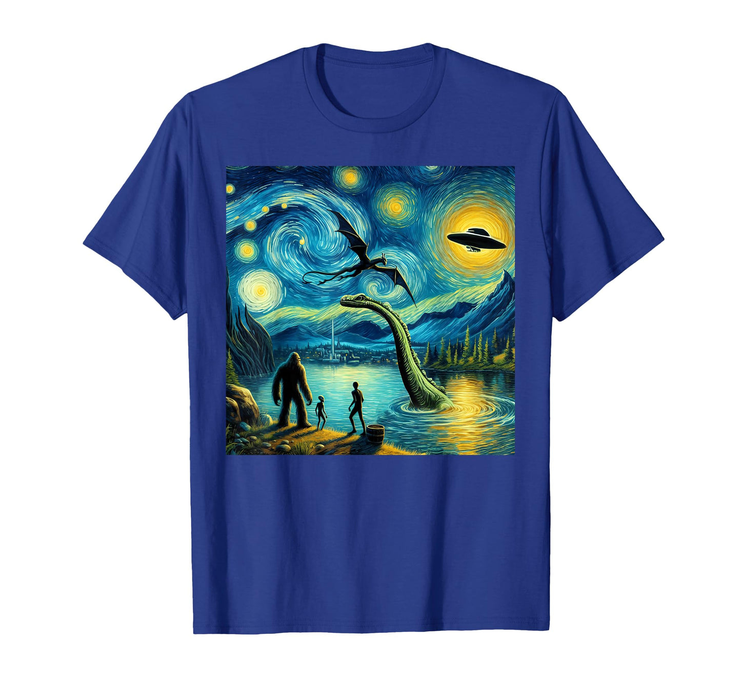 bigfoot starry night loch Ness alien UFO dragon cute lake T-Shirt