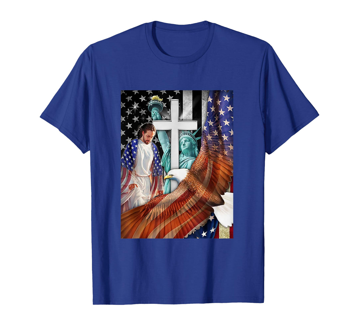 Bald Eagle with Jesus Christ and American Flag Women Kids Men T-Shirt