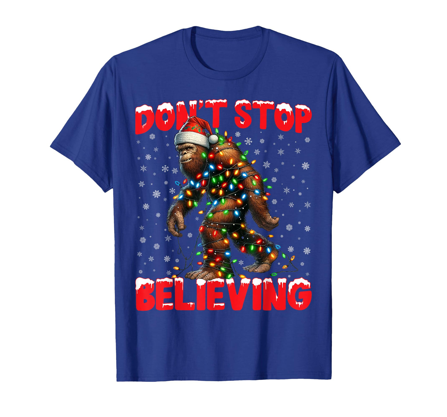 Christmas Bigfoot Don't Stop Believing Santa Hat Lights Tees T-Shirt