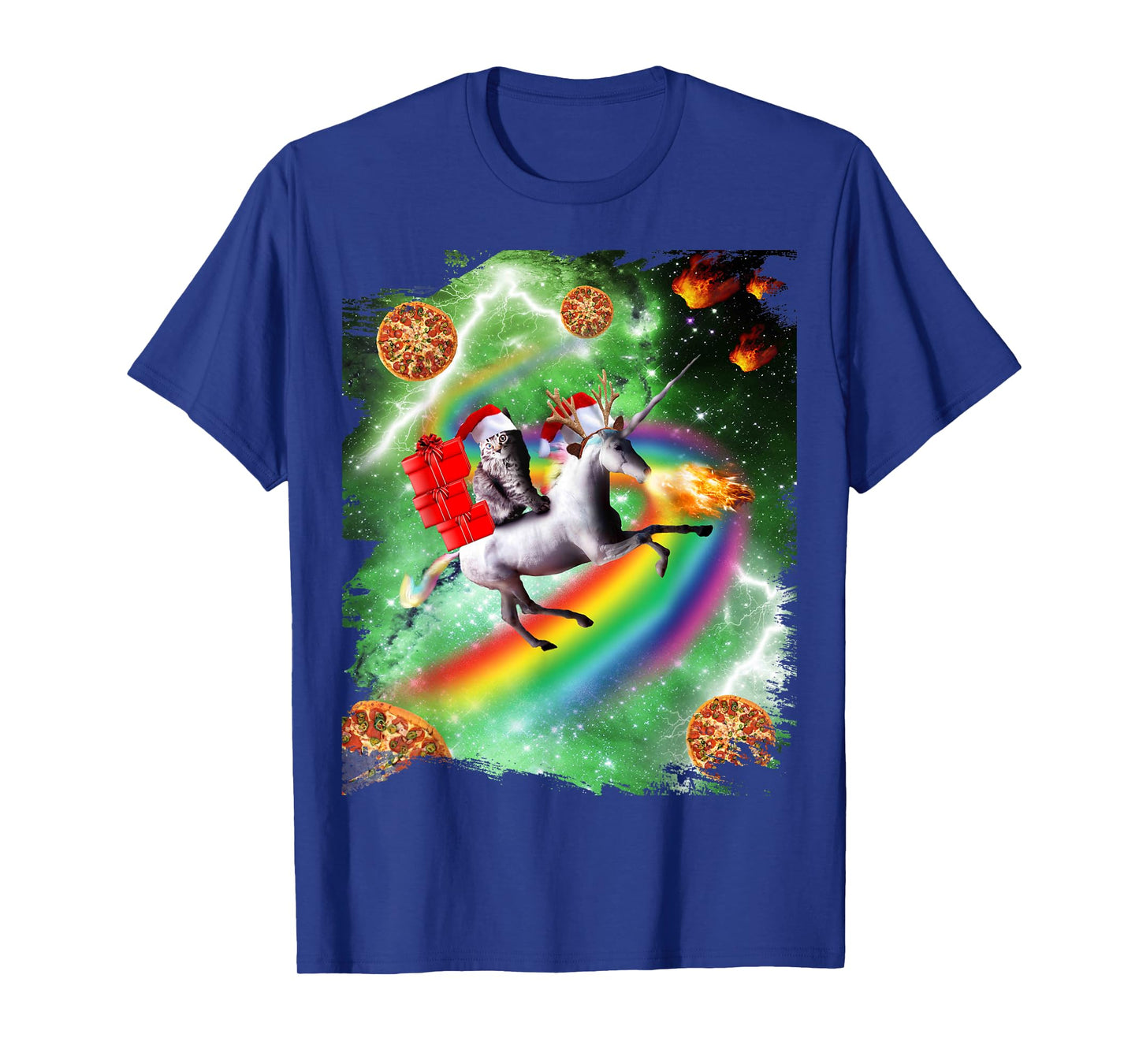 Christmas Cat Santa Riding Unicorn, Space Pizza Funny T-Shirt for Men Women Kids