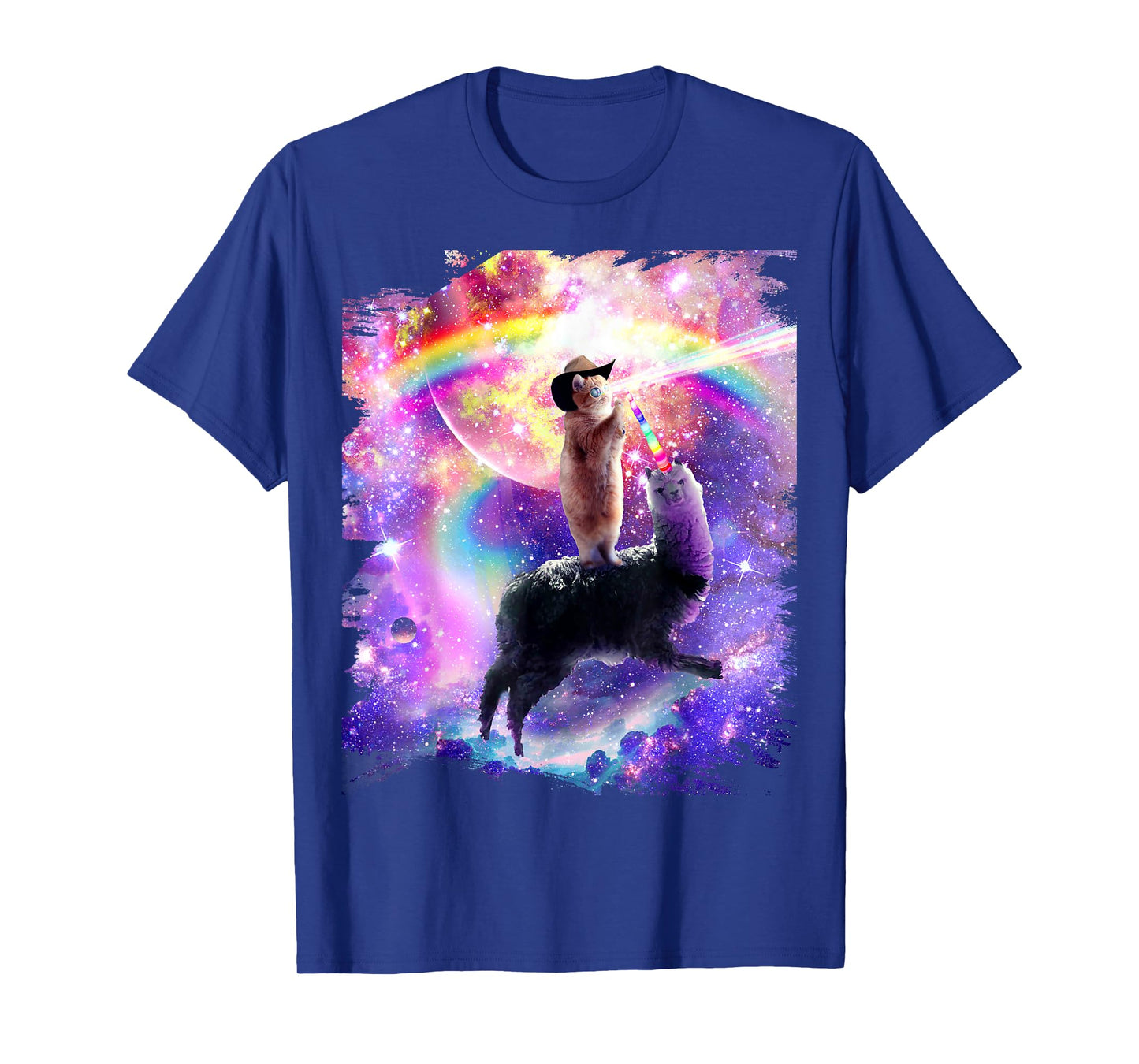 Laser Galaxy Space Cat on Rainbow Llama Unicorn T-Shirt for Men Women Girls Kids