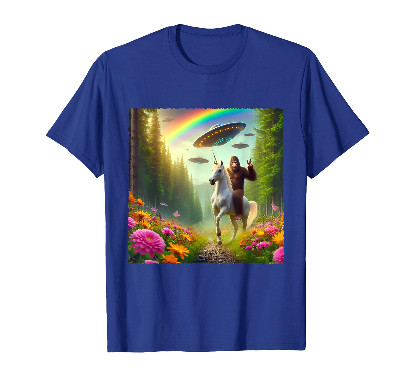Bigfoot Riding Unicorn Bigfoot Selfie with UFOs Weird Selfie T-Shirt