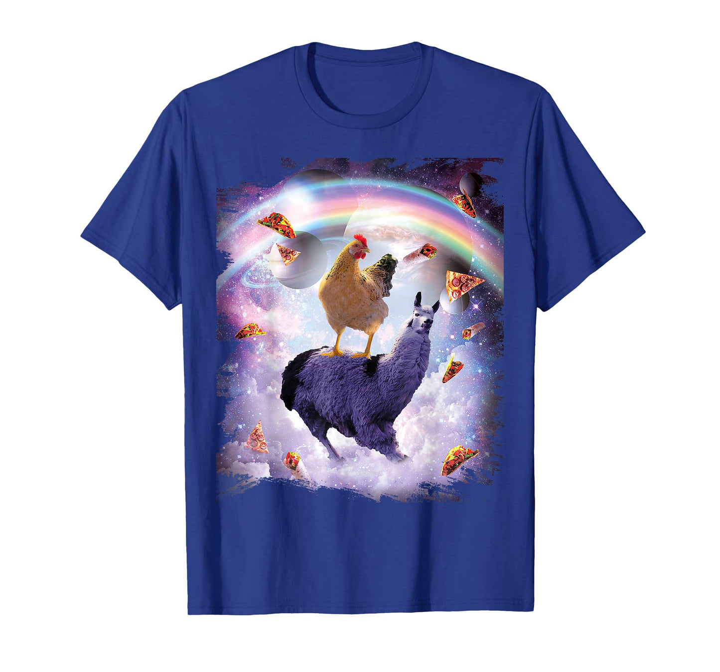 Chicken Riding Llama in Space - Rainbow T-Shirt