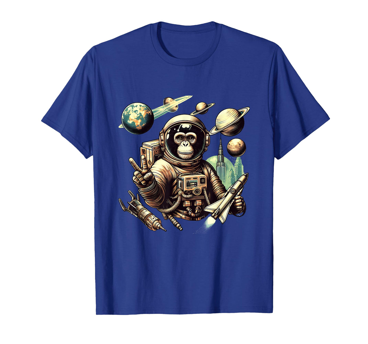 Space Vintage Travel Astronaut Monkey Holding Spaceship T-Shirt