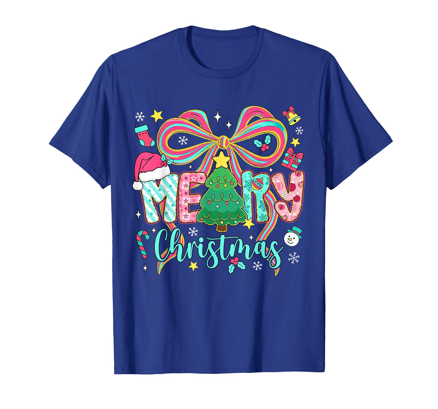 Preppy Merry Christmas Coquette Bow Pink Christmas Tree Girl T-Shirt
