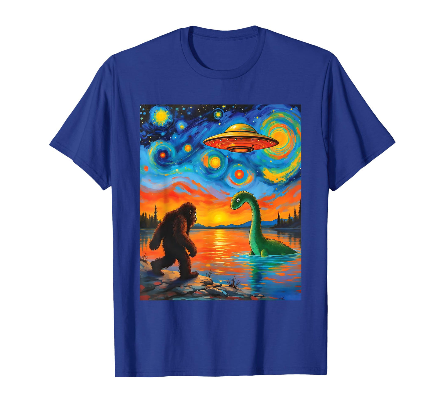 Bigfoot UFO Alien Encounter Van Gogh Starry Night Mystery T-Shirt