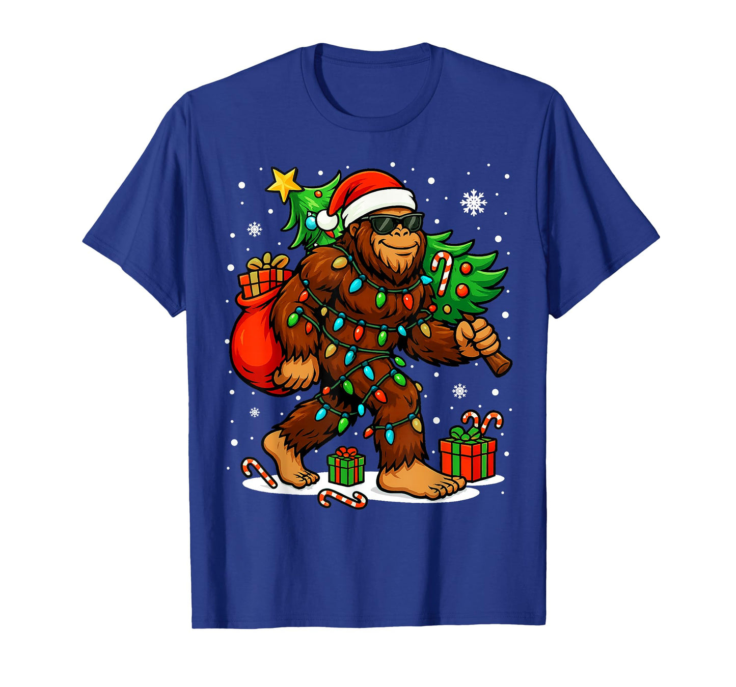 Santa Bigfoot Christmas Tree Xmas Lights Funny Sasquatch T-Shirt
