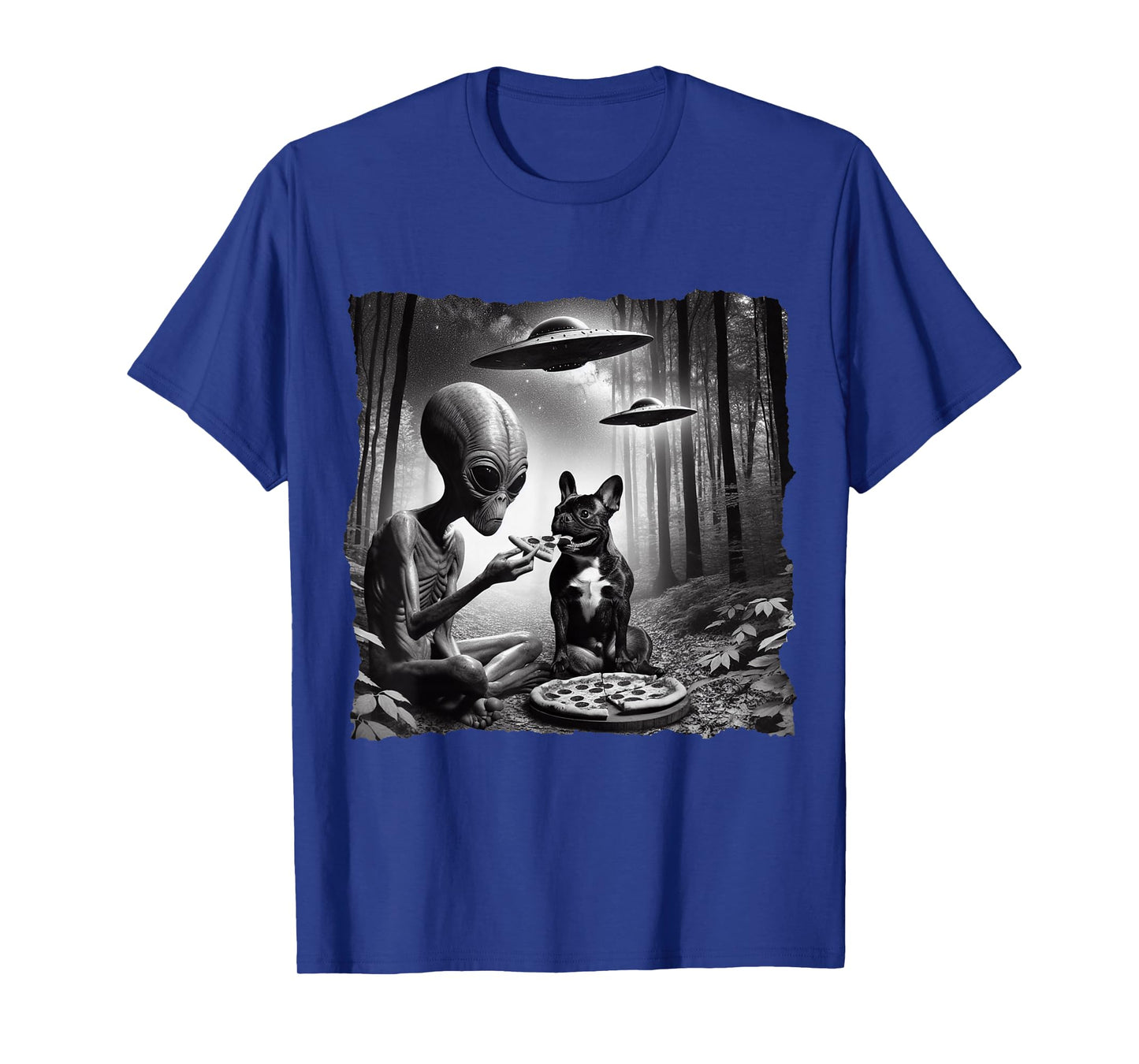 French Bulldog With Alien Eating Pizza. UFO French Bulldog Men Women Kids T-Shirt