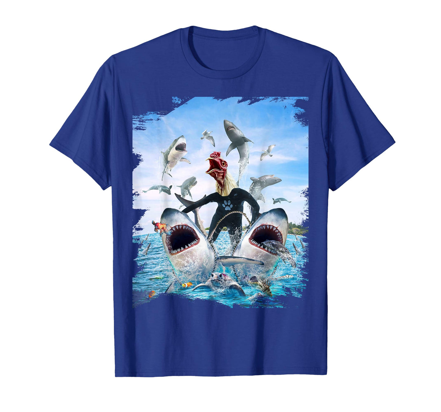 Chicken Riding Shark Sharks At Beach Ocean Funny T-Shirt