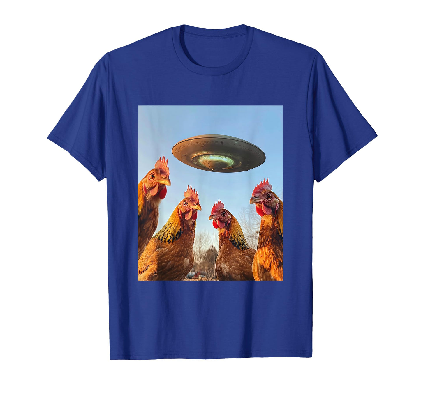 Chicken Selfie with UFOs Aliens Funny Graphic T-Shirt