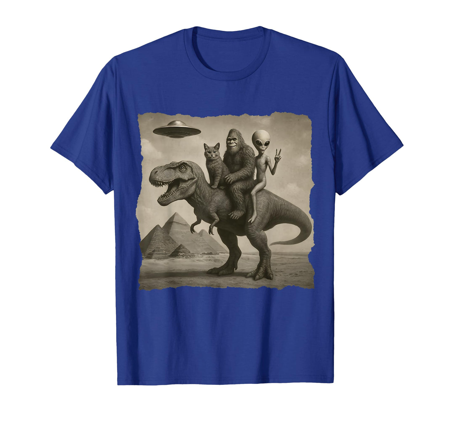 Funny Cat Alien and Bigfoot Riding Dinosaur T-Rex. UFO Lover T-Shirt