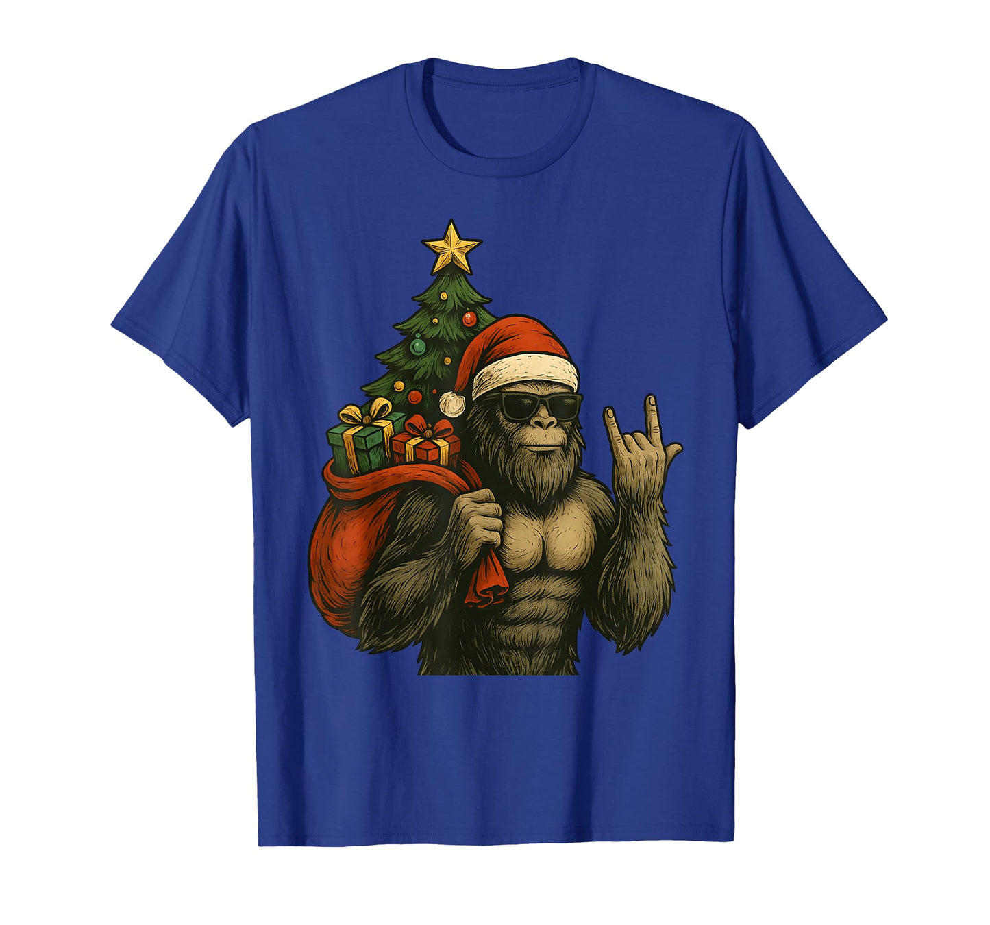 Bigfoot Santa Christmas Tree Rock On Funny Xmas Sasquatch T-Shirt