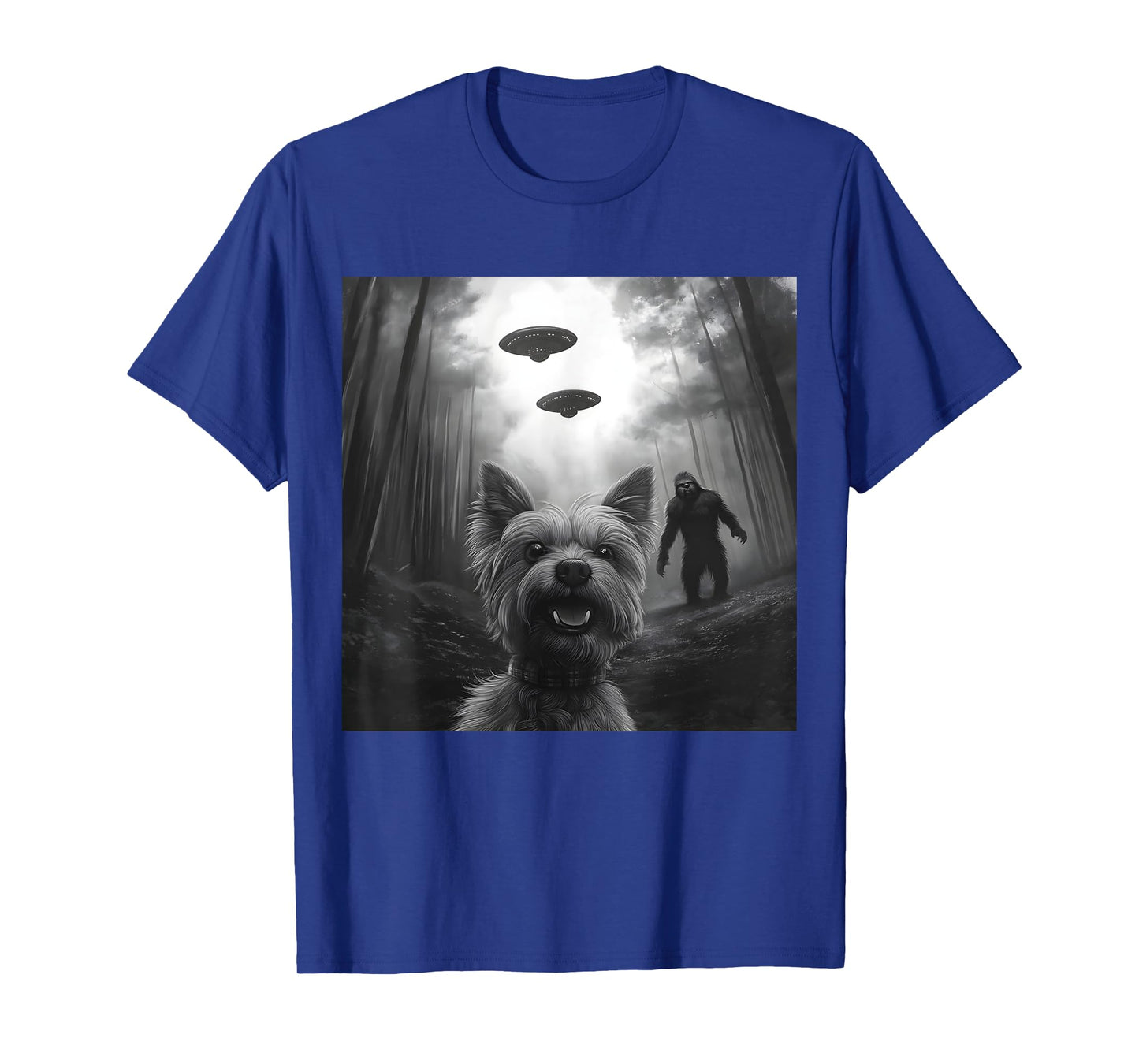 Yorkie vs. Bigfoot β Funny Yorkshire Terrier Alien Encounter T-Shirt