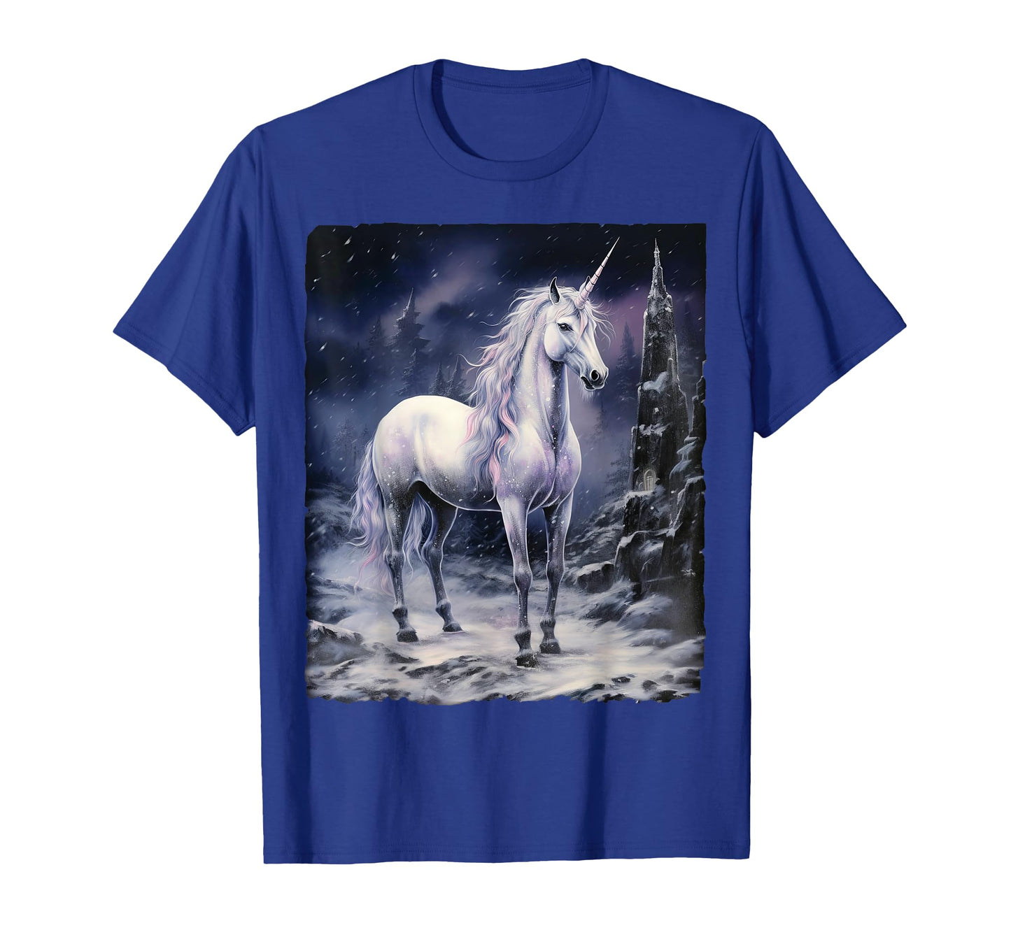 Fantasy white Unicorn standing on snowy mountain T-Shirt