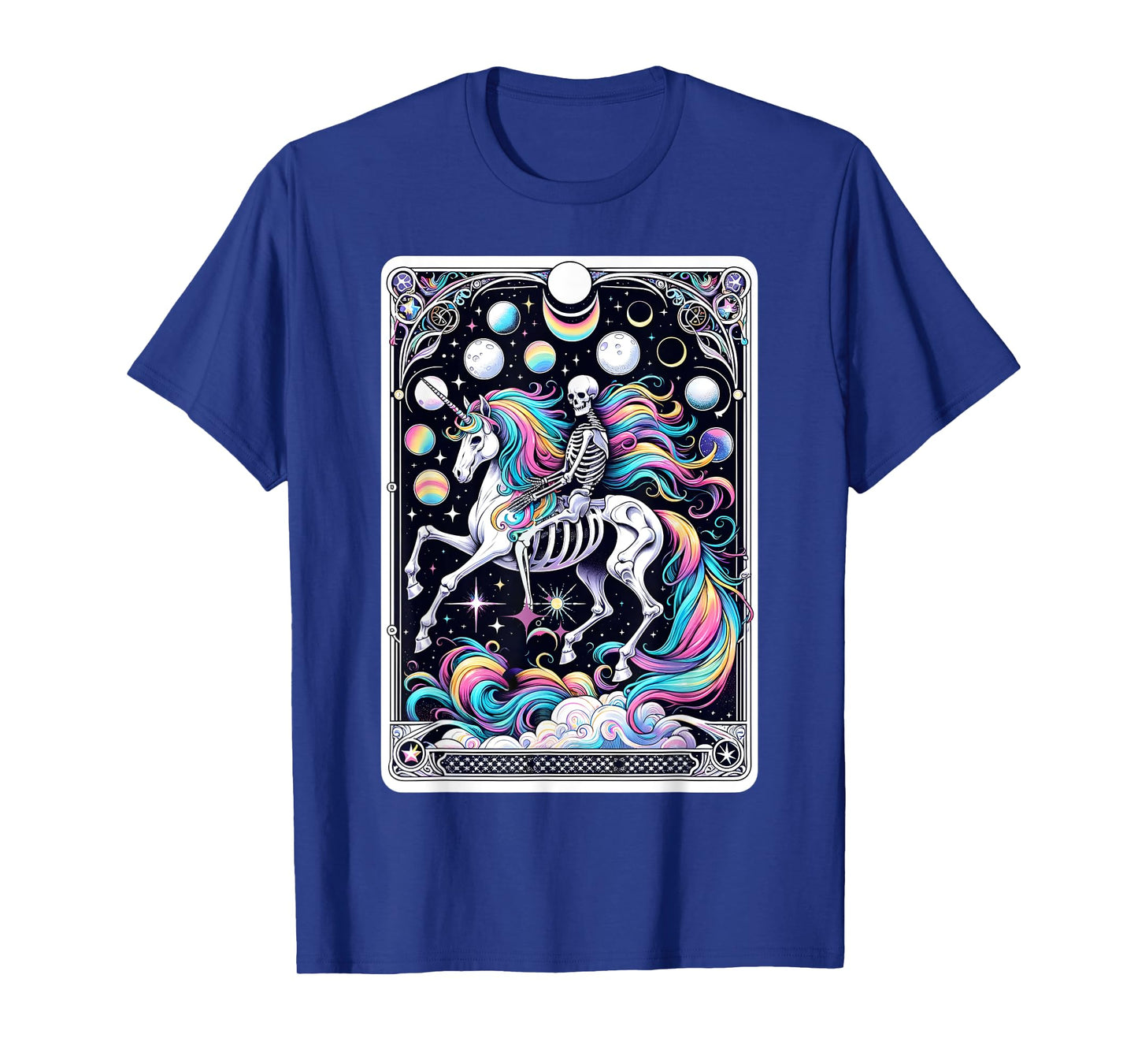 Skeleton Riding Unicorn Tarot Card Celestial Fantasy Art T-Shirt