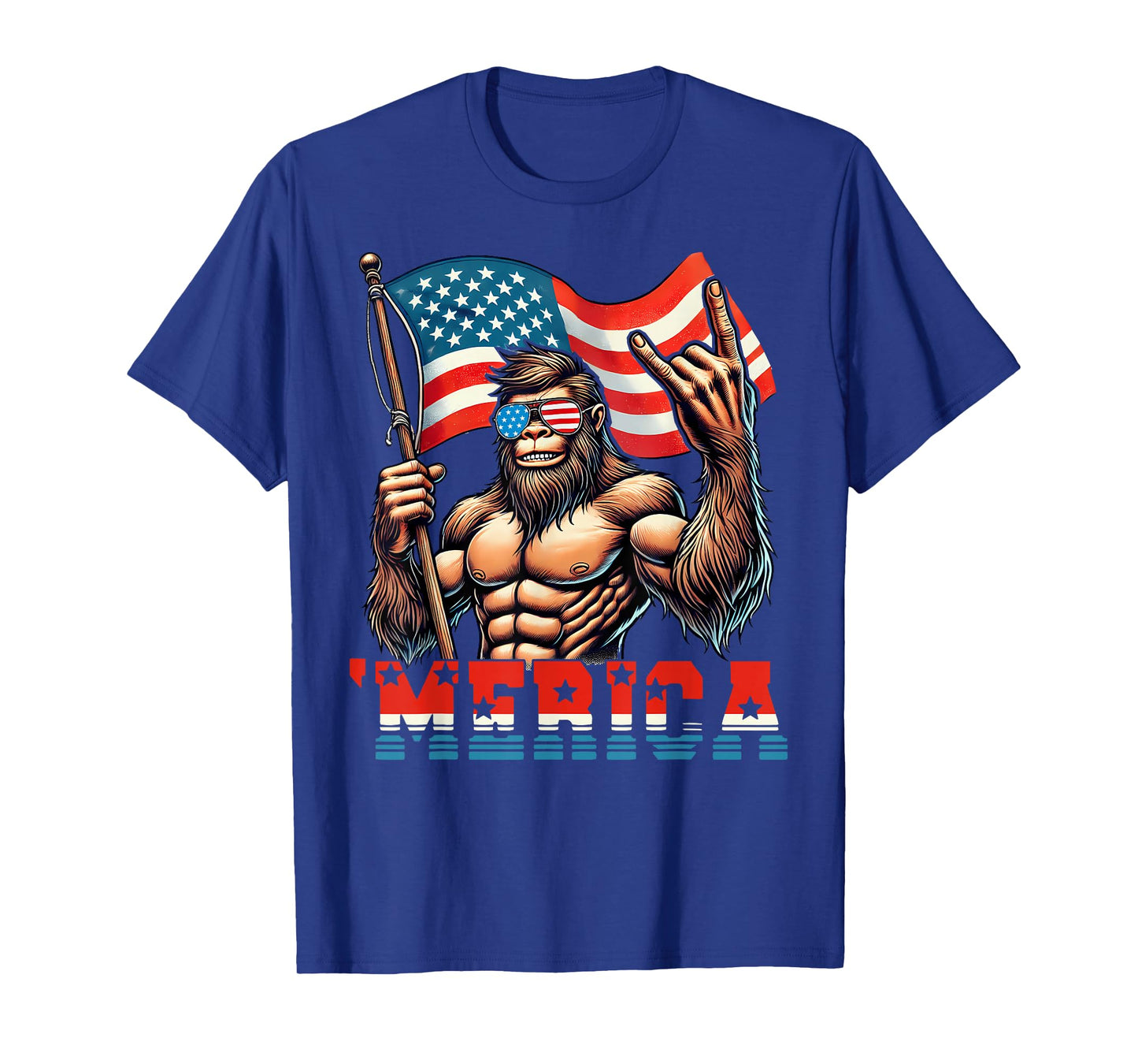 Bigfoot Merica Rock American Flag Patriotic 4th Of July T-Shirt
