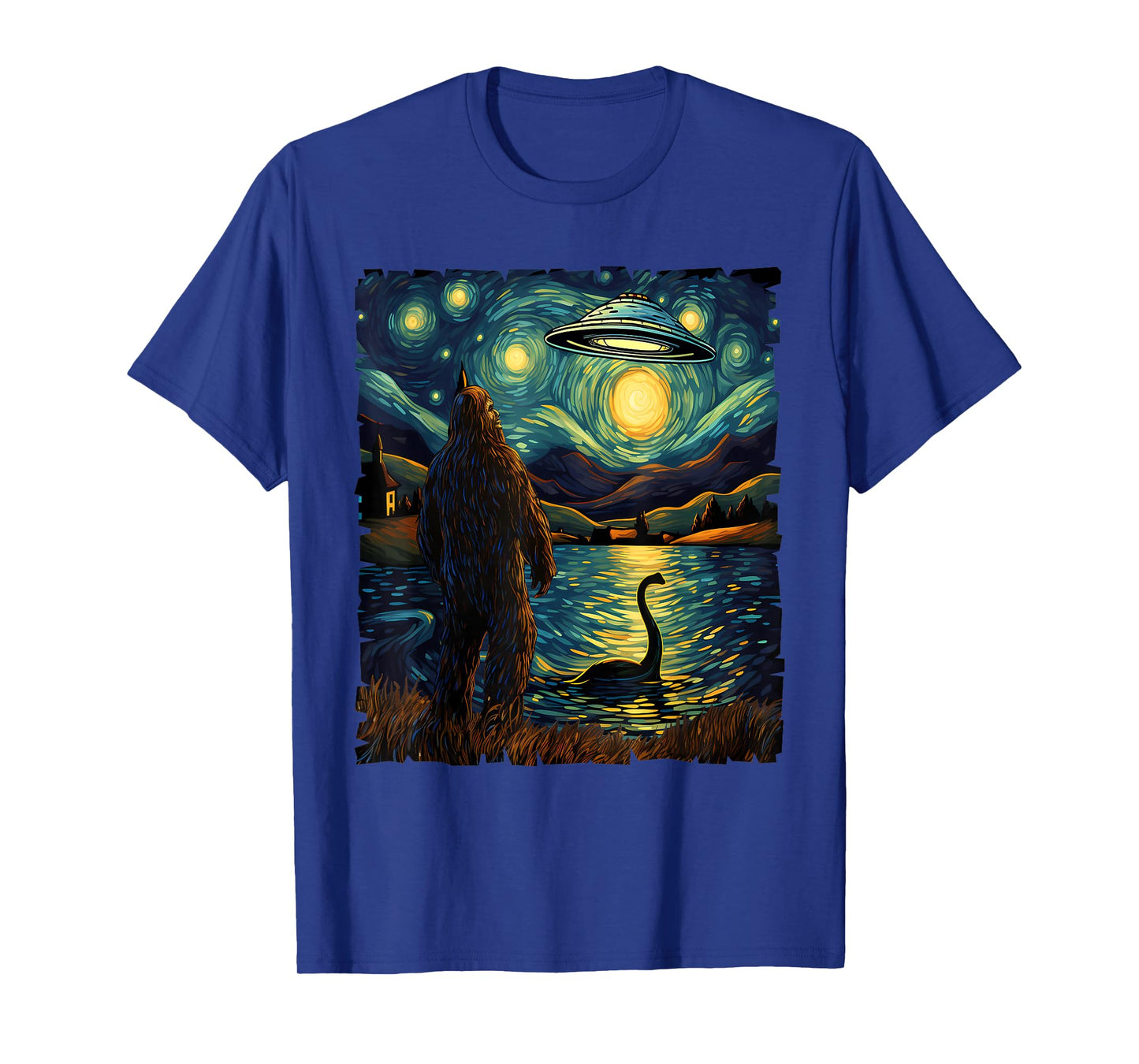 Funny Bigfoot UFO and Nessie Van Gogh Starry Night Painting T-Shirt
