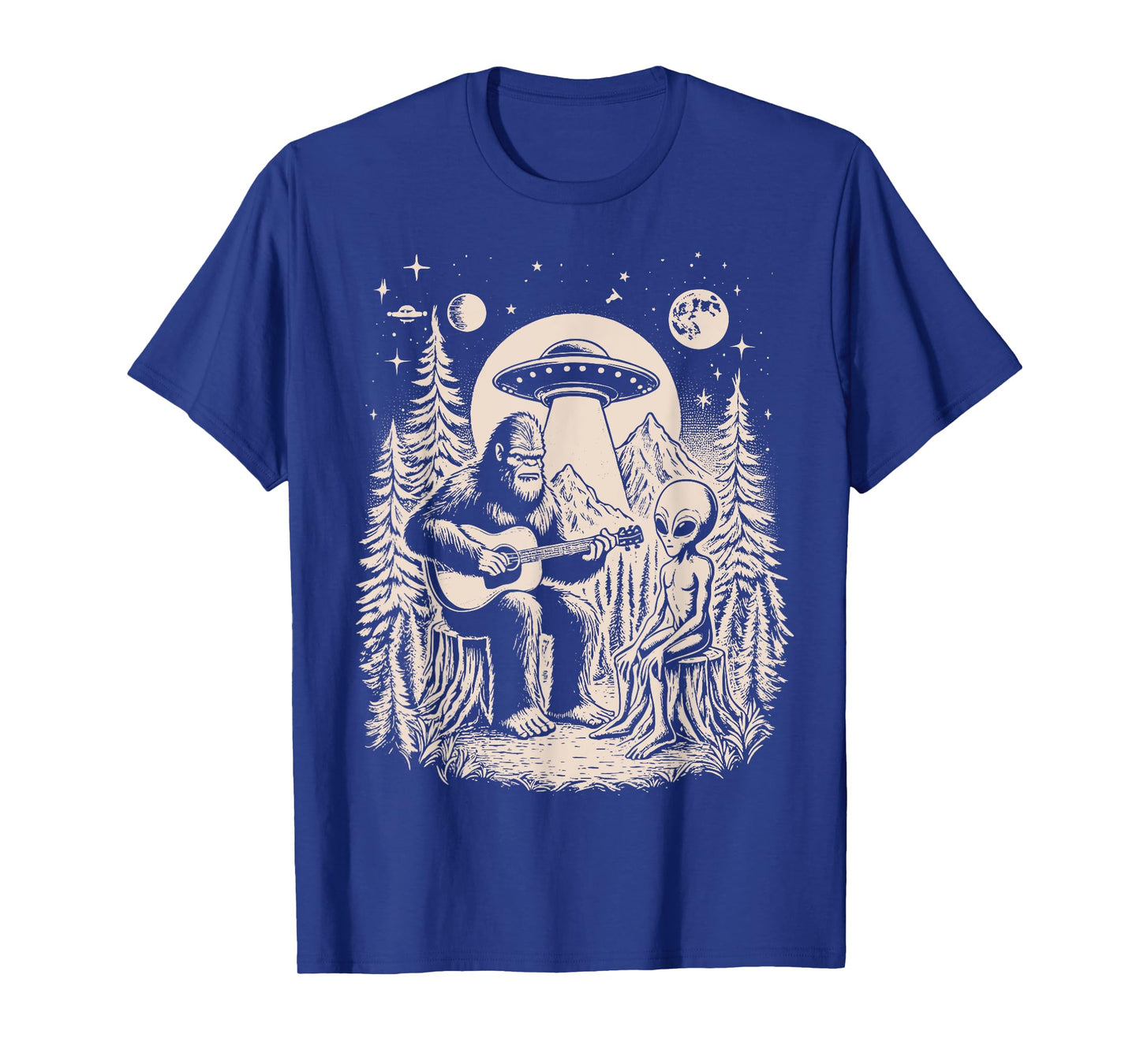 Funny Big Foot Alien Spaceship Big Foot Sasquatch Ape Guitar T-Shirt