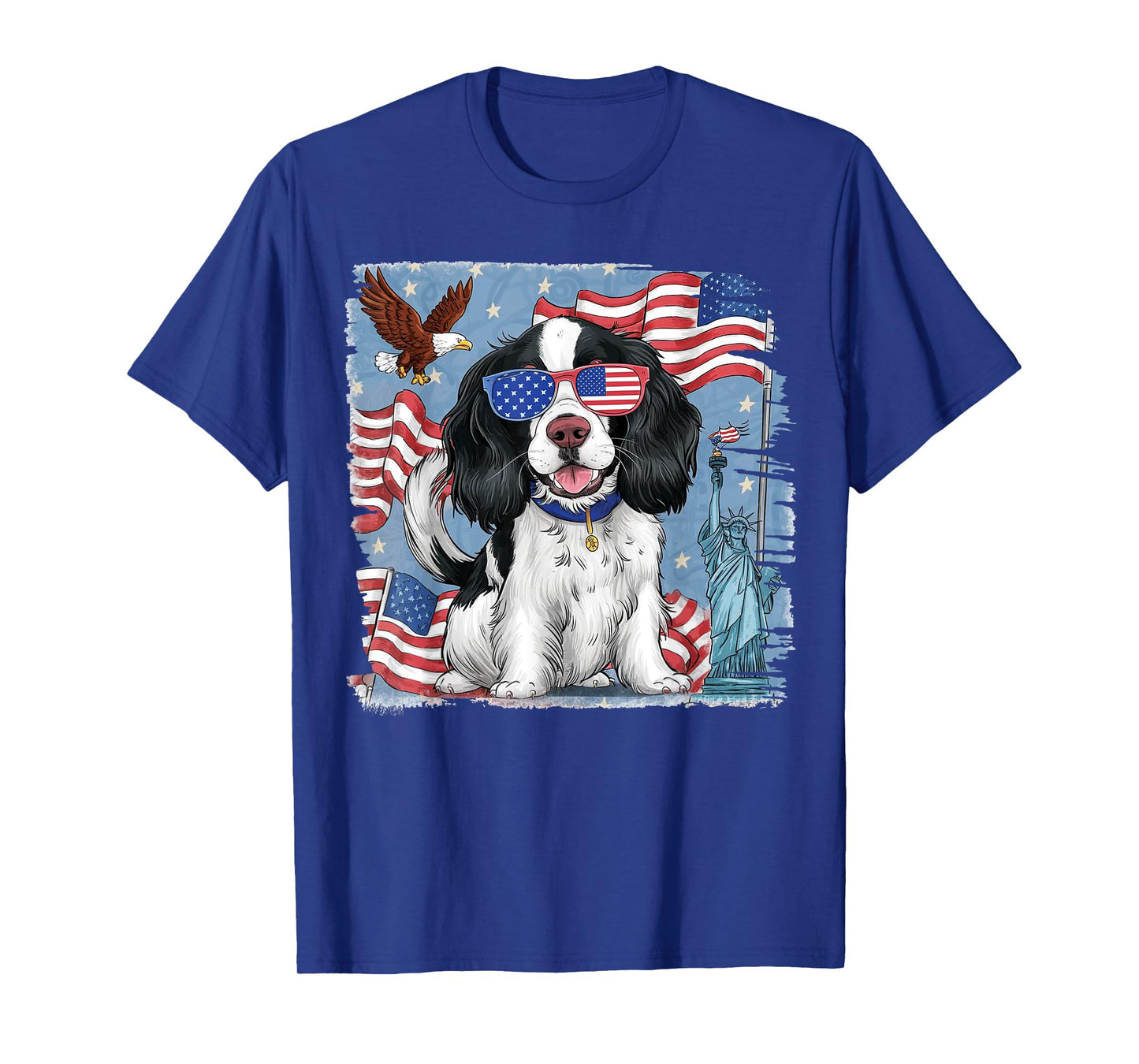 English Springer Spaniel Dog with American Flag 4th of July Women Kids Men T-Shirt