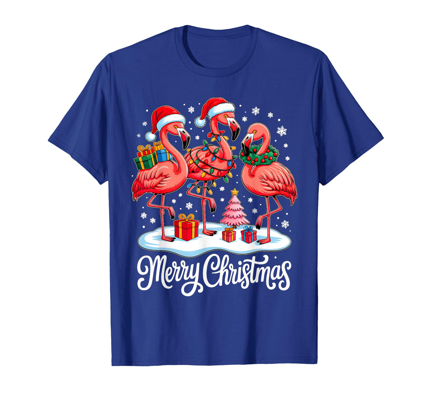Merry Christmas Hat Santa Flamingo Light Xmas Women Girls T-Shirt