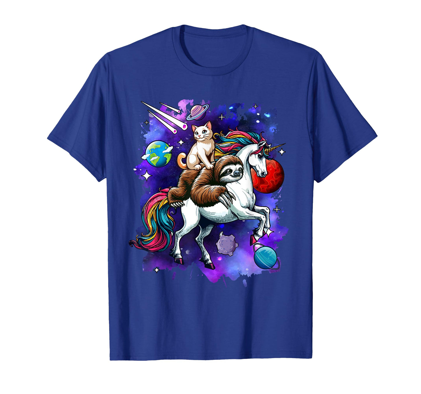 Cat And Sloth Riding Unicorn In Space Costume Galaxy T-Shirt for Men Women Kids