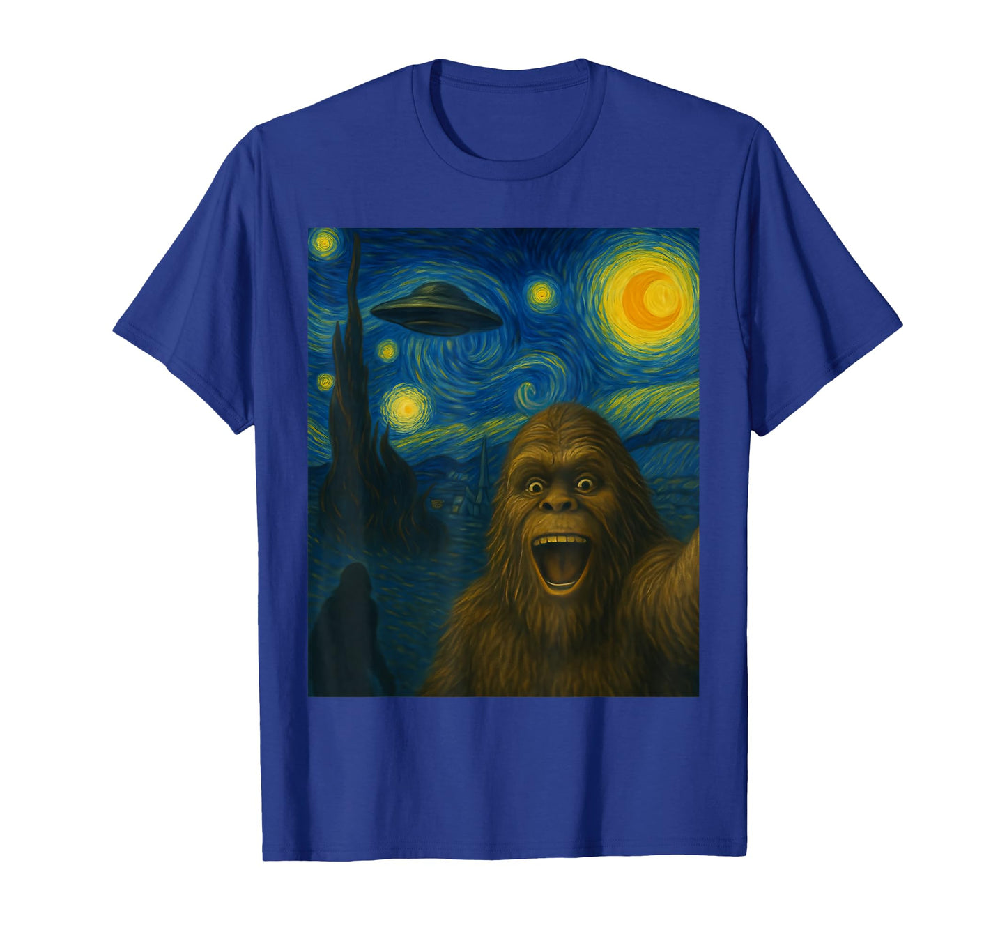Sasquatch Selfie Big Foot On UFO Alien Starry Night Funny T-Shirt