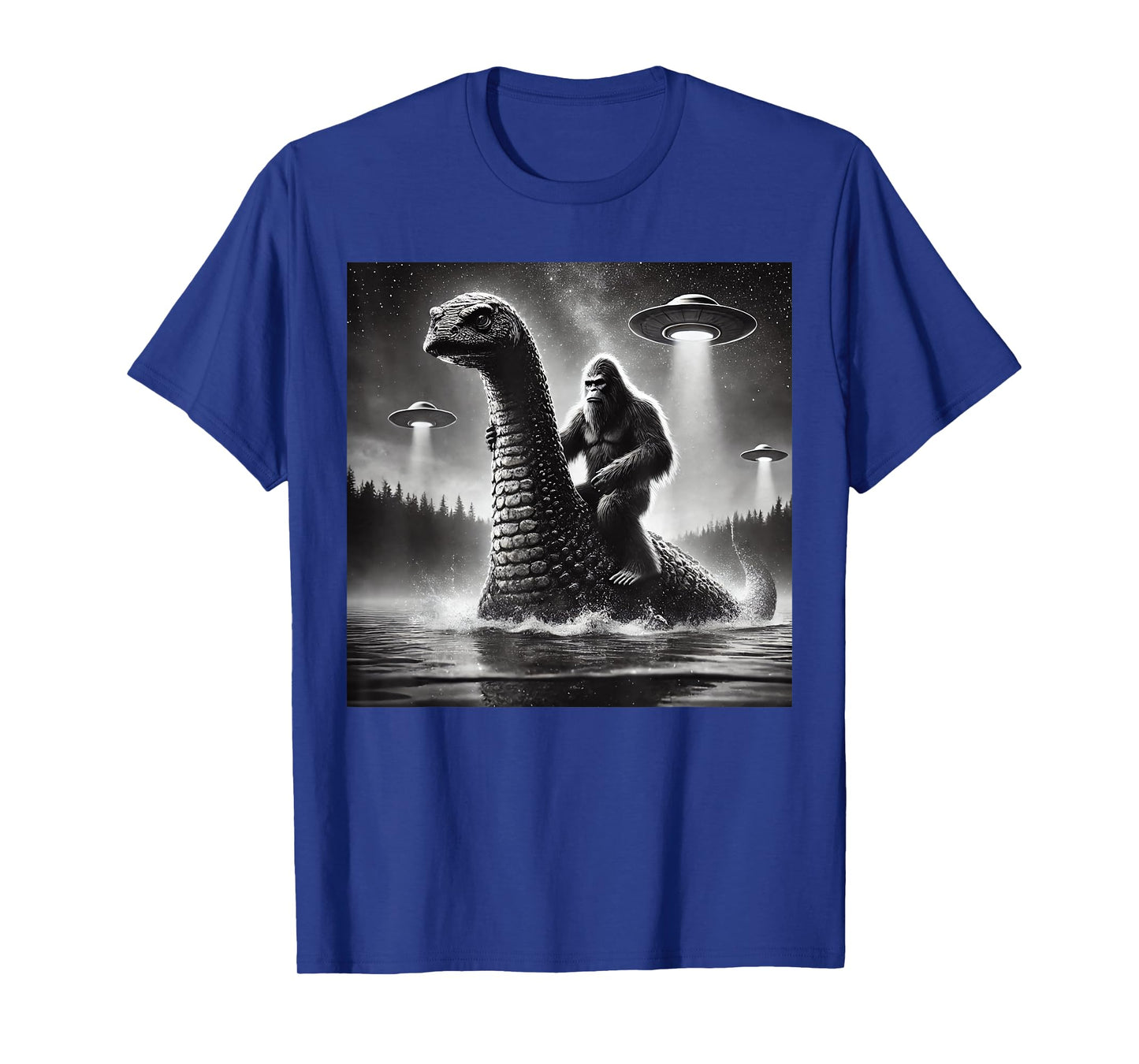 Bigfoot Riding Loch Ness Monster Alien UFO Funny Men Graphic T-Shirt