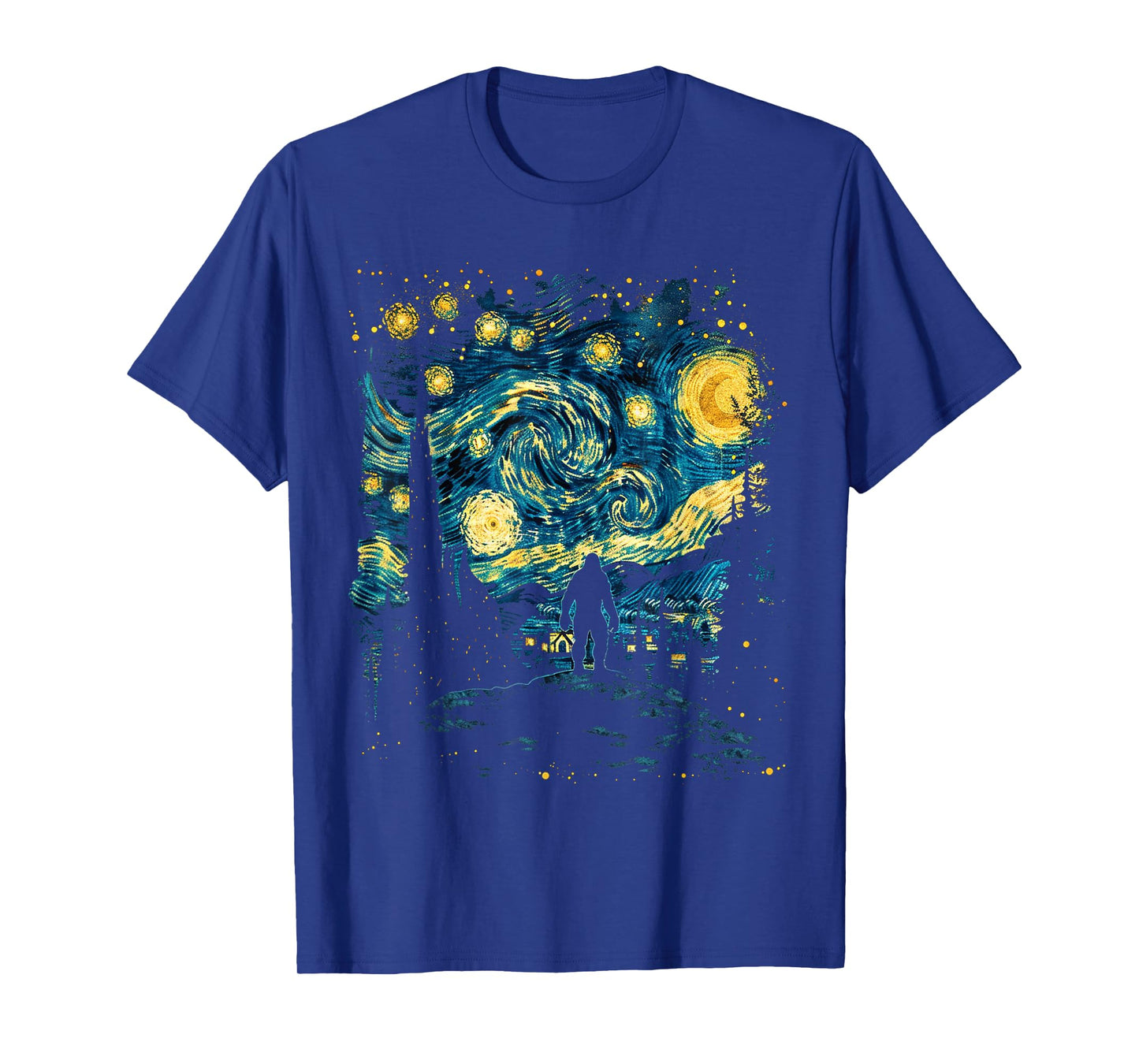 Funny Bigfoot Starry Night Sasquatch Van Gogh Sky Painting T-Shirt