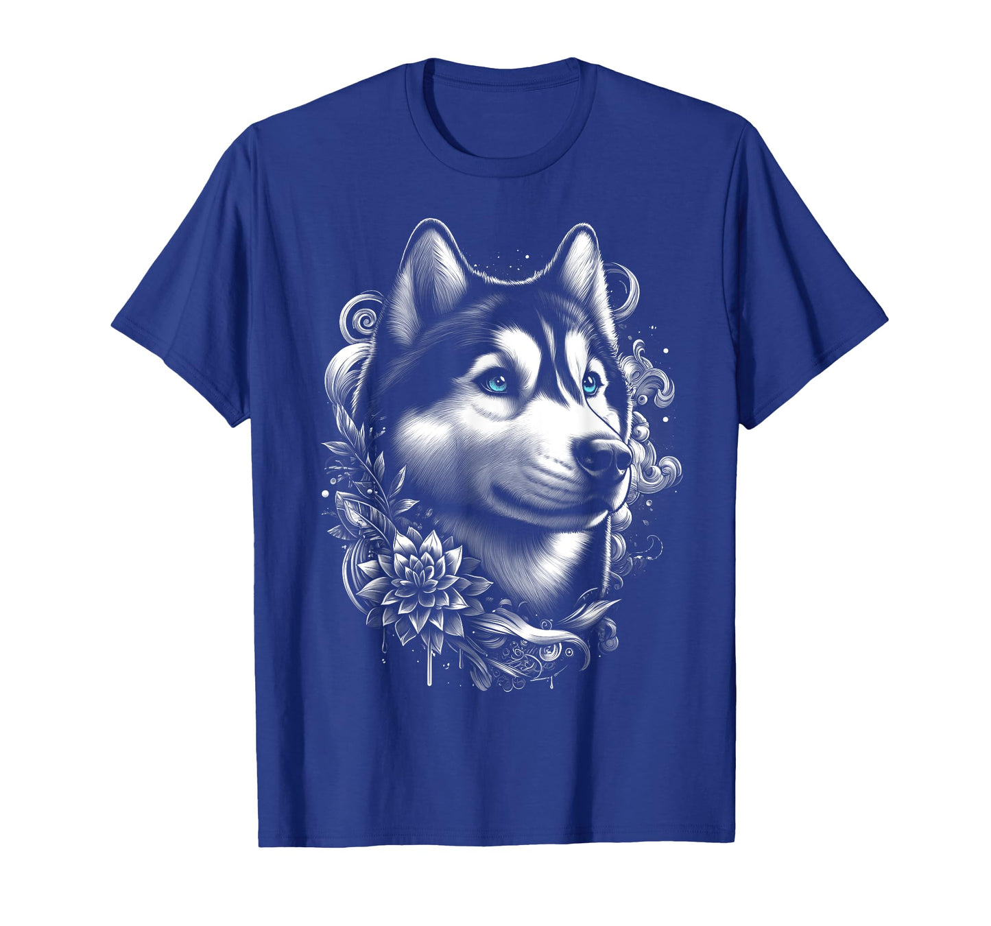 Cool Husky with Blue Eyes and Flowers Decoration T-Shirt