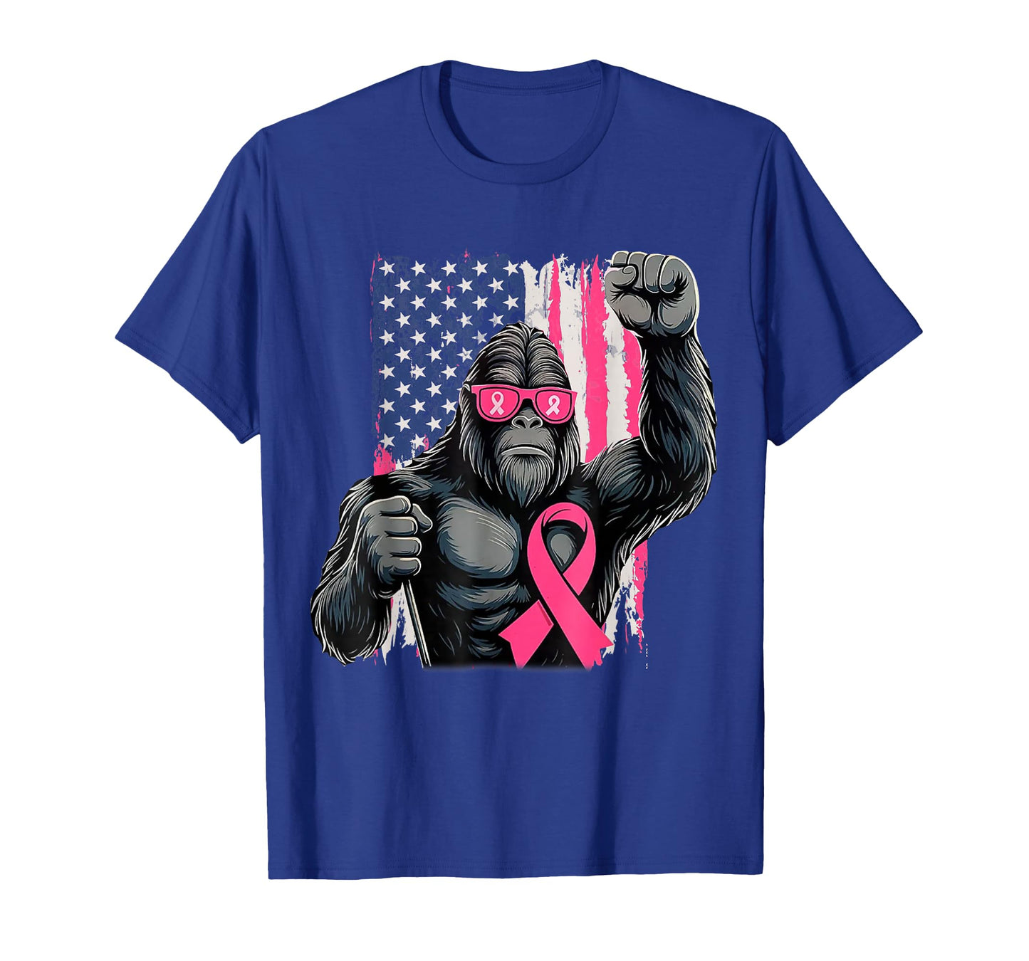 Bigfoot Breast Cancer Awareness American Flag Pink Ribbon T-Shirt