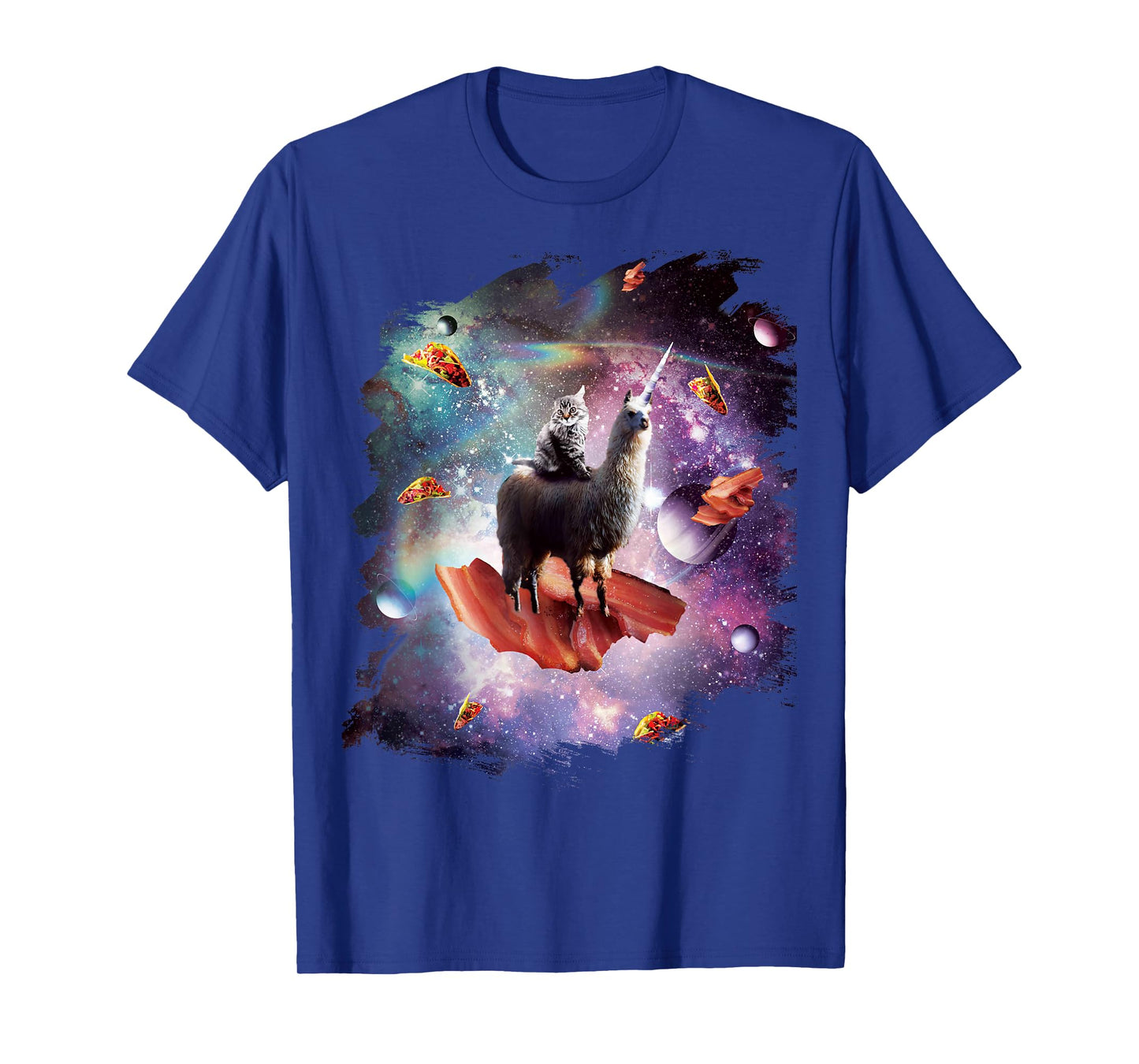 Space Cat Riding Llama Unicorn - Bacon Taco Men Women Girls Kids T-Shirt