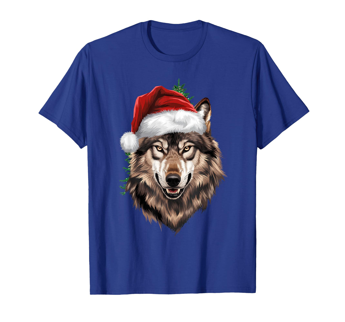Wolf Christmas Funny Xmas tree Wearing Santa Hat T-Shirt