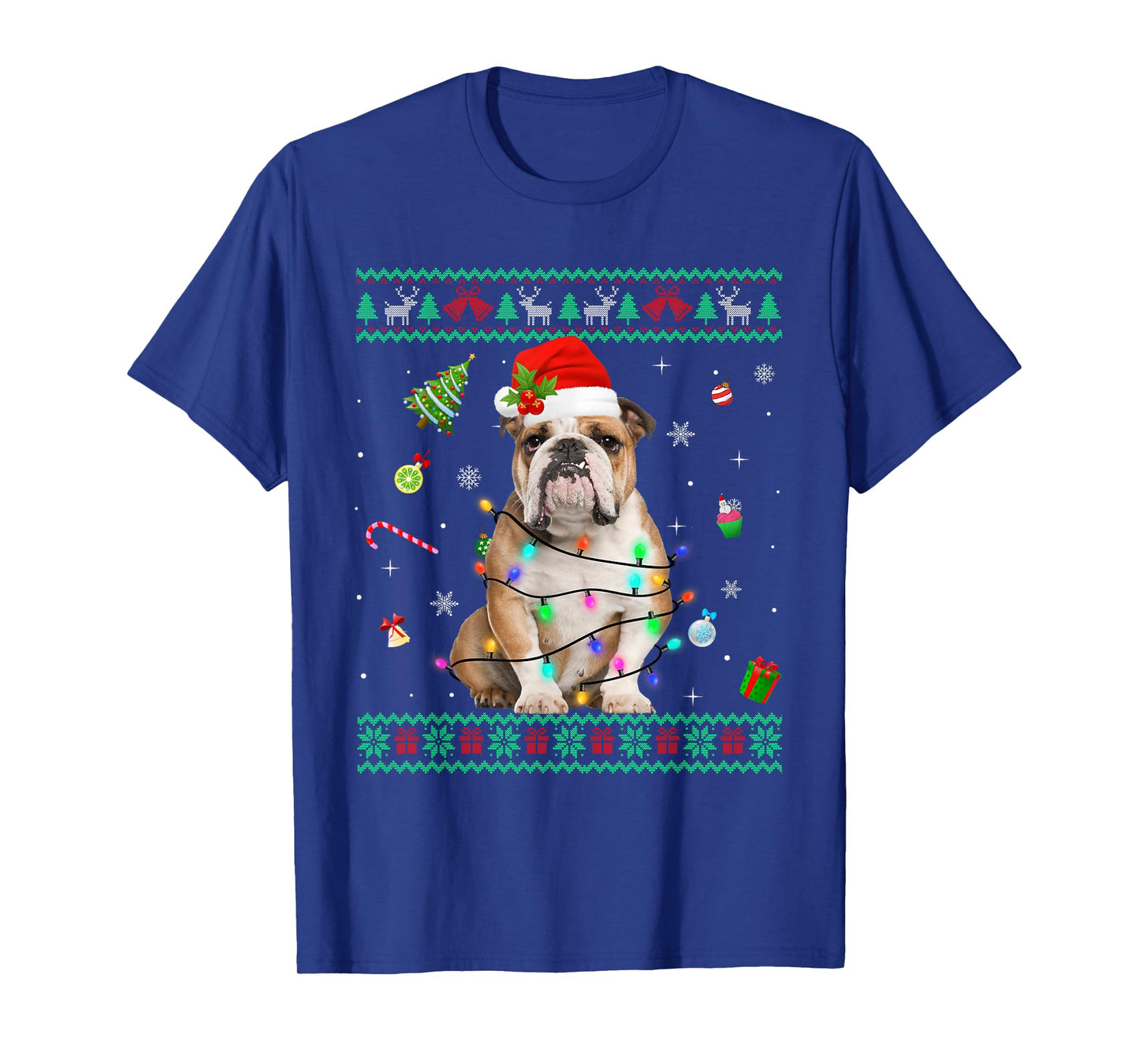 Ugly Sweater English Bulldog Dog Christmas Lights Santa Hat T-Shirt for Men Women Kids