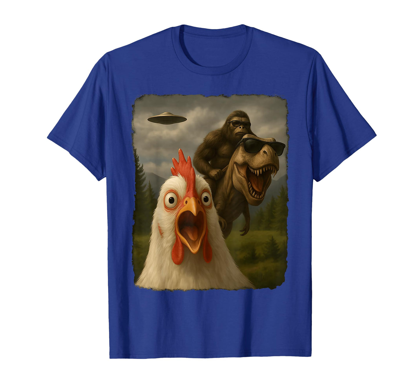 Funny Chicken Selfie Bigfoot Sasquatch Riding T-Rex UFO T-Shirt