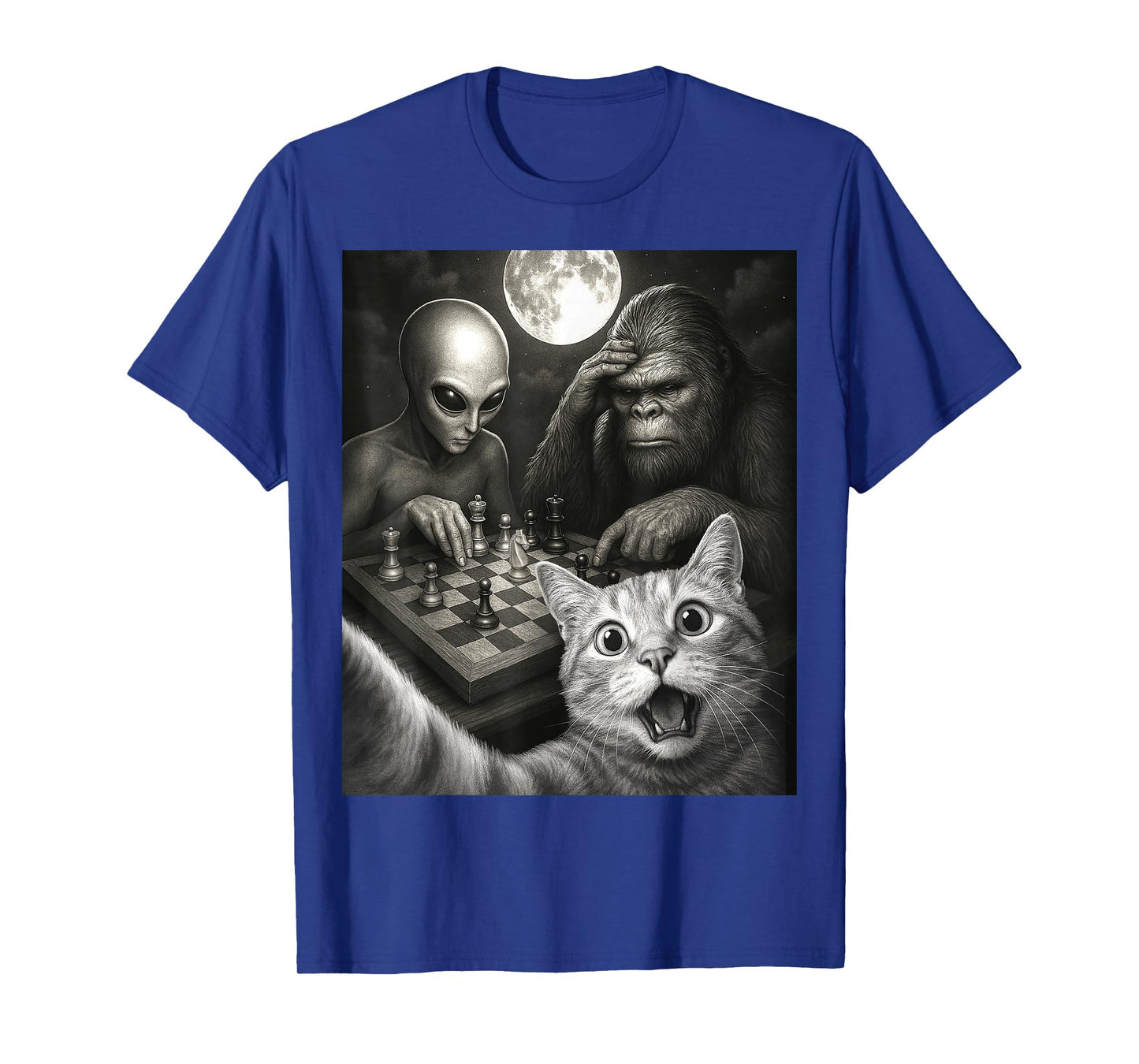 Funny Cat Selfie with a Bigfoot Playing Chess With Alien T-Shirt