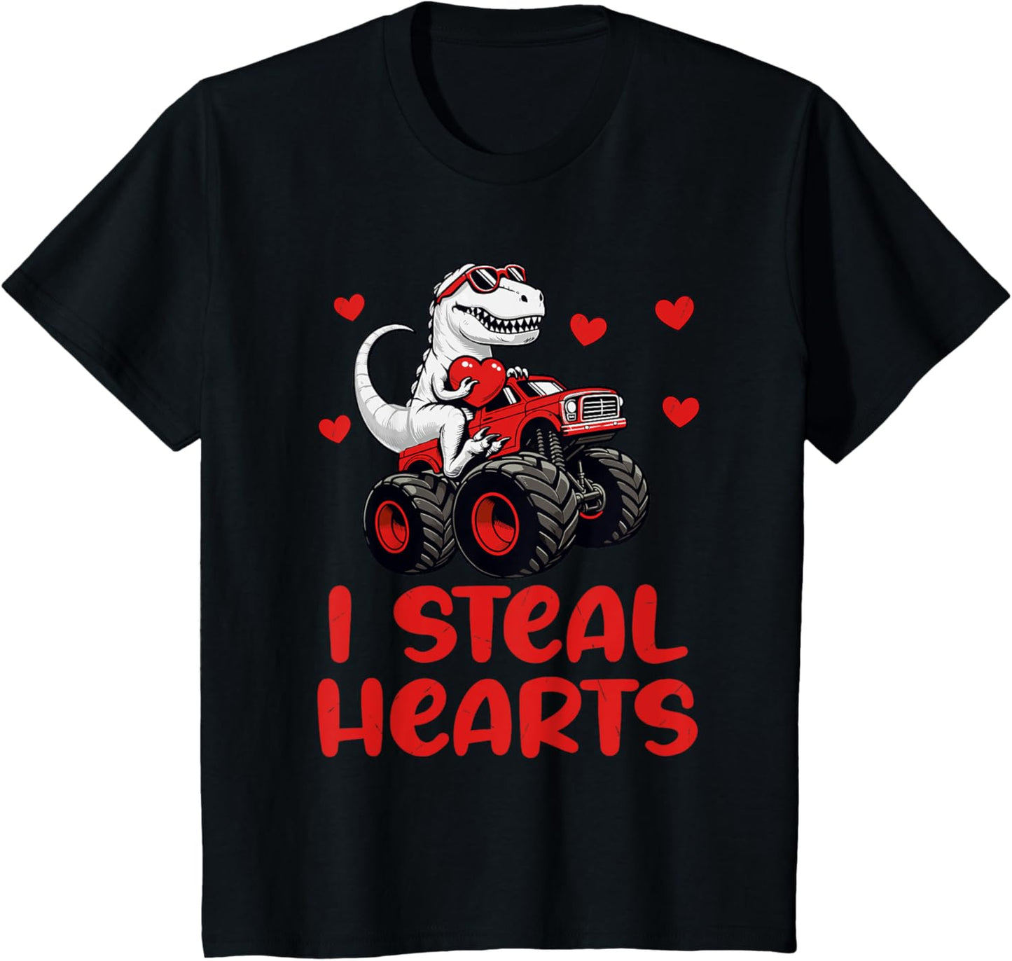 Kids Valentines Day Monster Truck TRex Boy Toddler I Steal Hearts T-Shirt