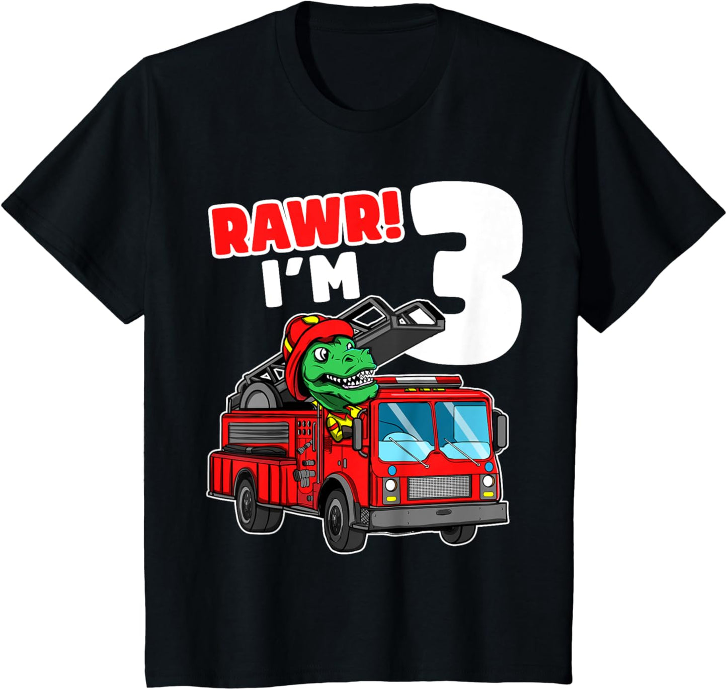 Kids Dinosaur Fire Truck 3rd Birthday Boy 3 T-Rex Firefighter T-Shirt