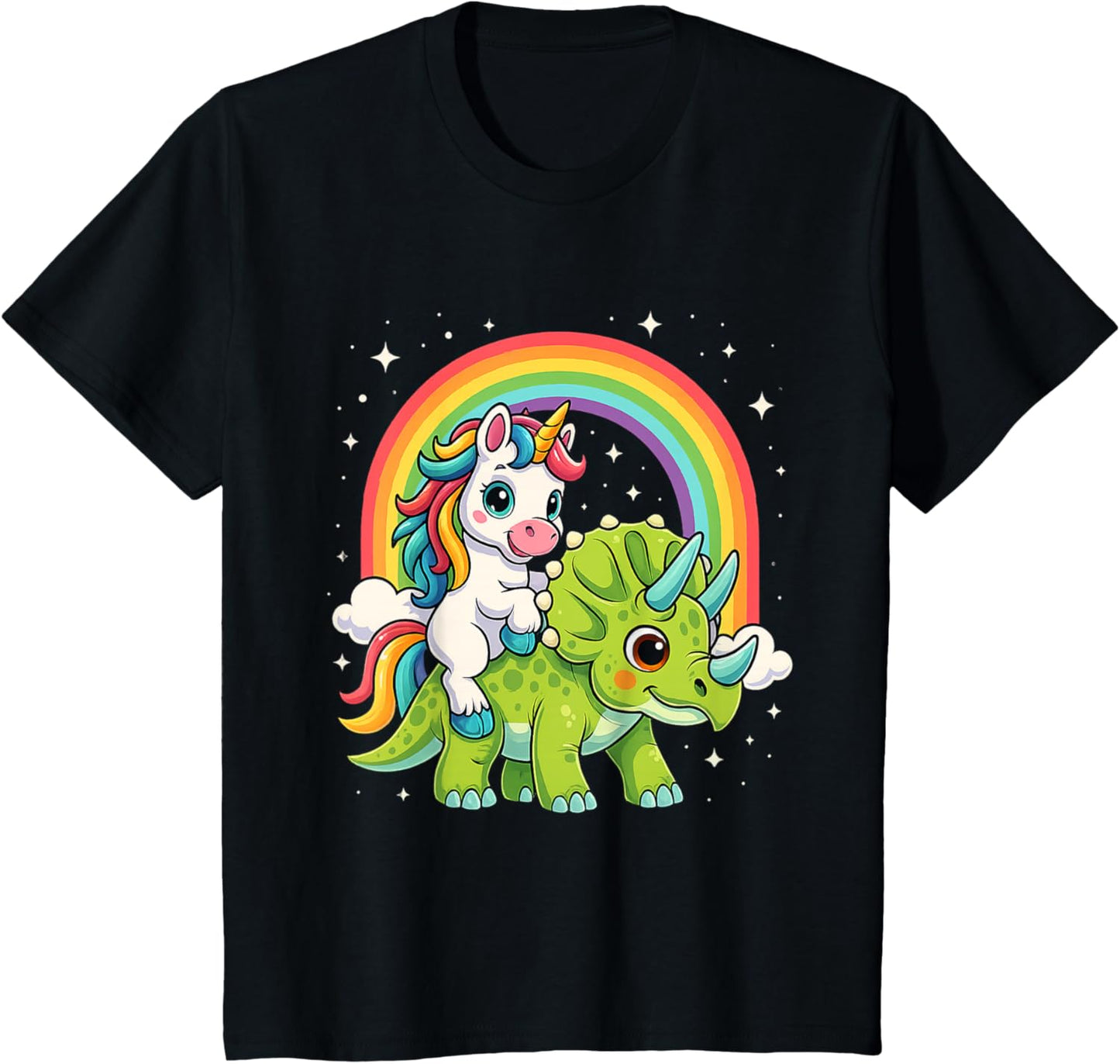Unicorn Riding Dinosaur Triceratops Funny Girls Boys Rainbow T-Shirt
