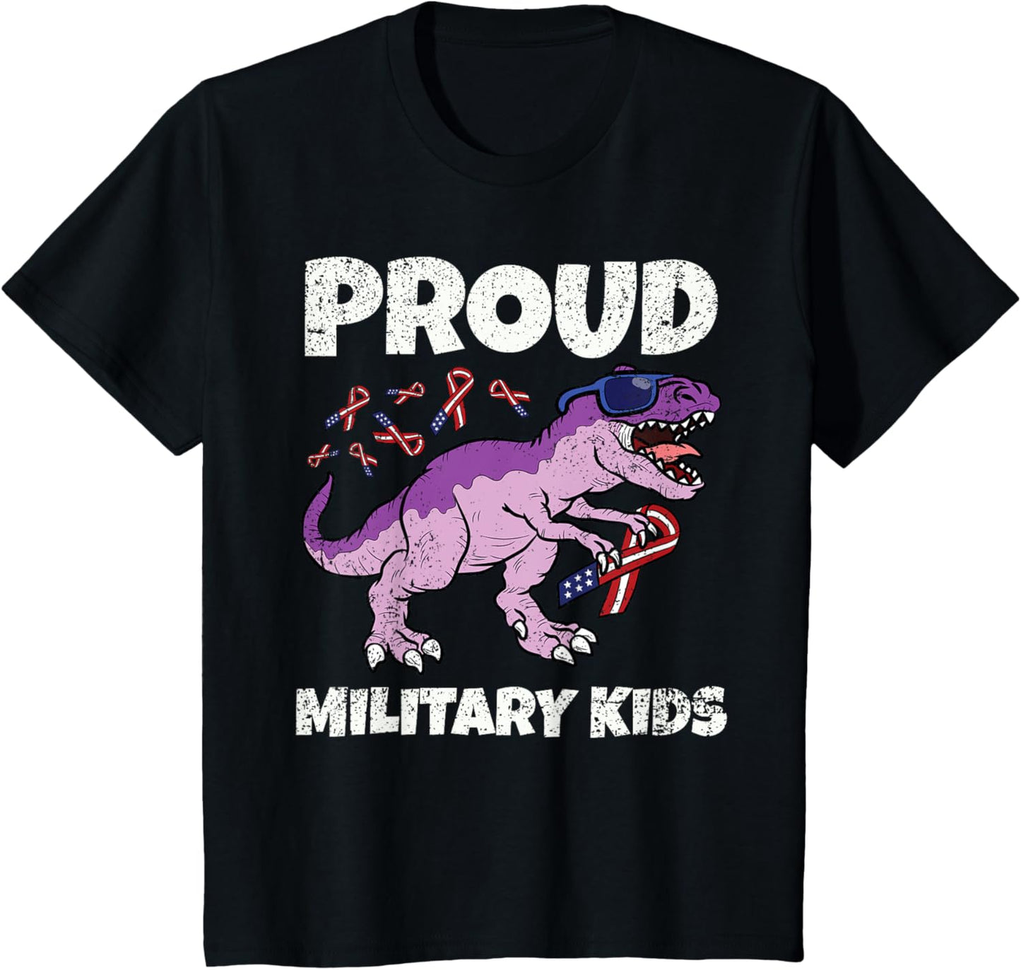 Kids Purple Up For Military Kids Trex Dinosaur American Flag T-Shirt