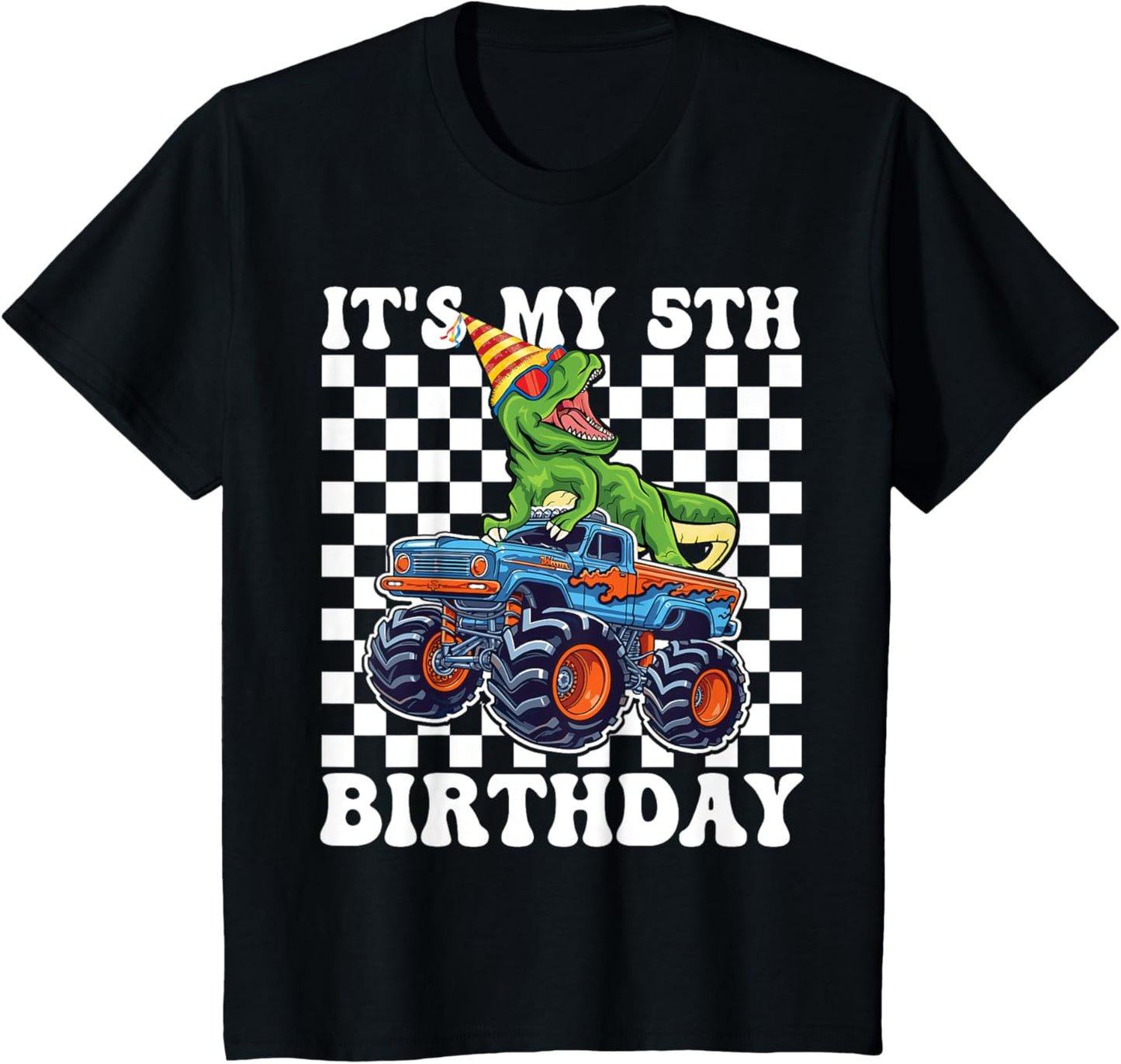 Kids 5th Birthday Monster Truck Dinosaur Birthday Boys 5 Year Old T-Shirt