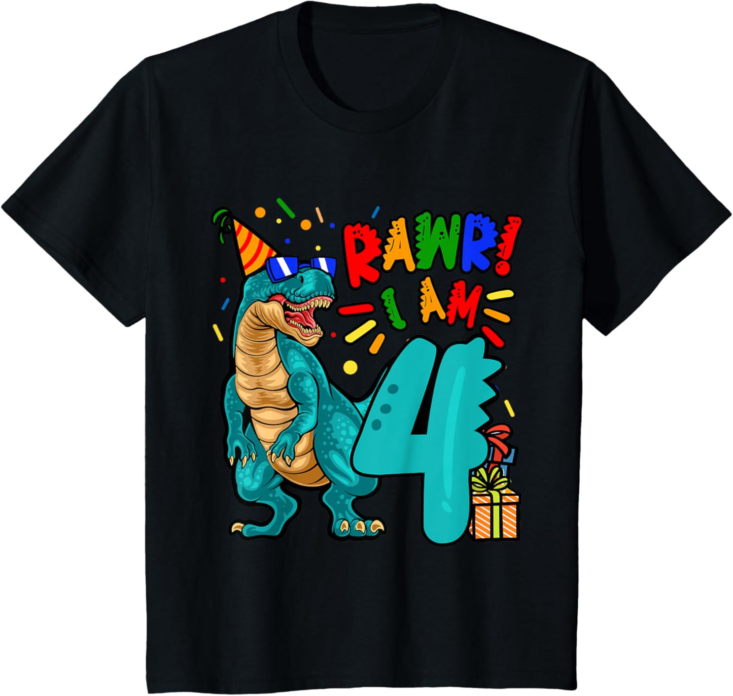 Kids 4th Birthday Boy Dinosaur RAWR! I Am 4 Years Old T-Shirt