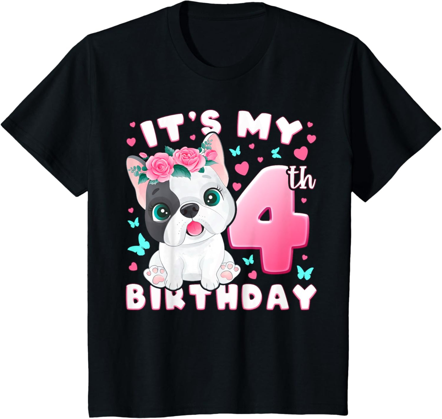 Kids 4th Birthday, Girl 4 Year, Dog, Puppy, Number 4 T-Shirt